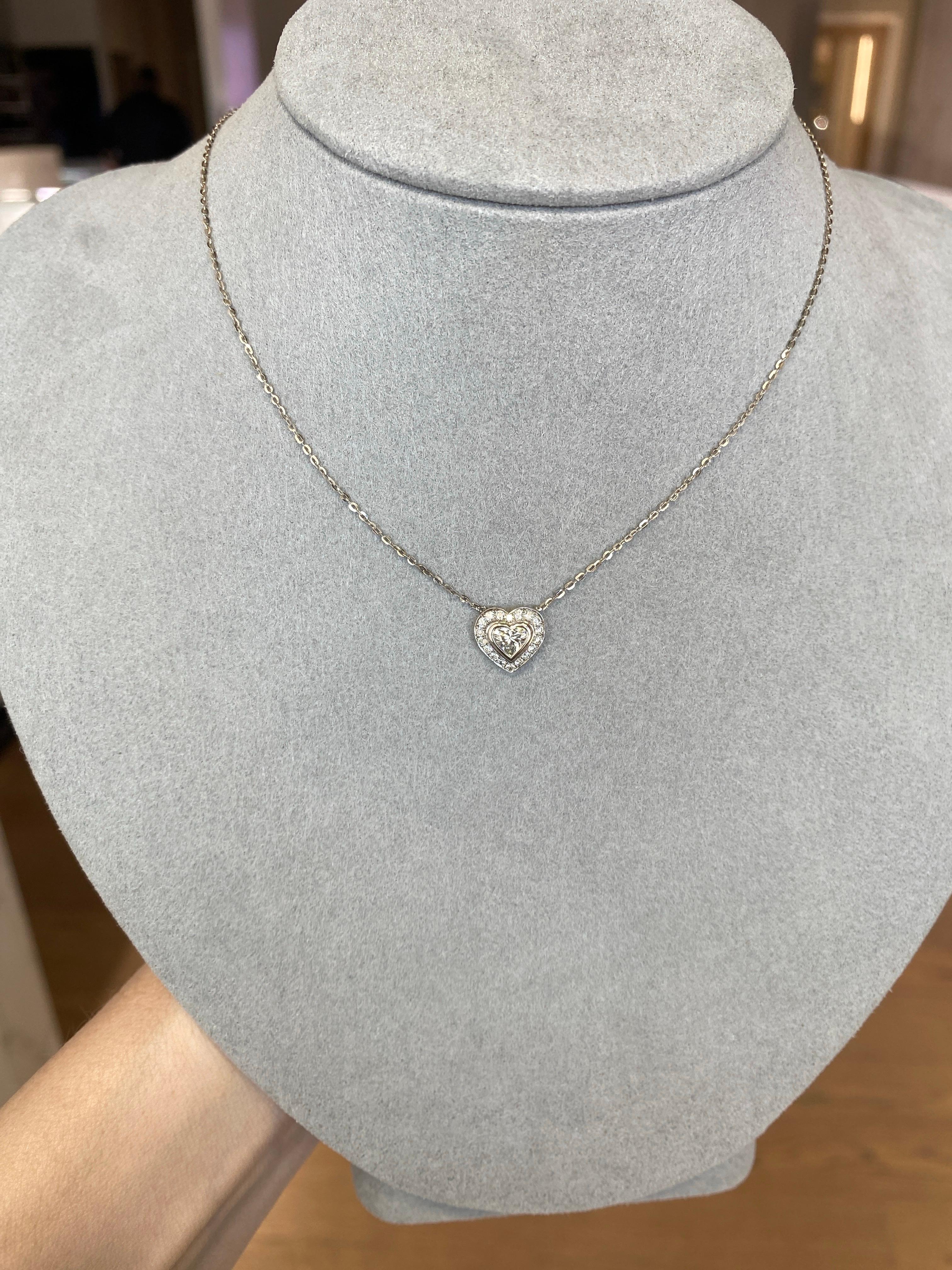 0.63ctw Bezel Set Heart Shaped Diamond with Halo Pendant Necklace 18k White Gold For Sale 9