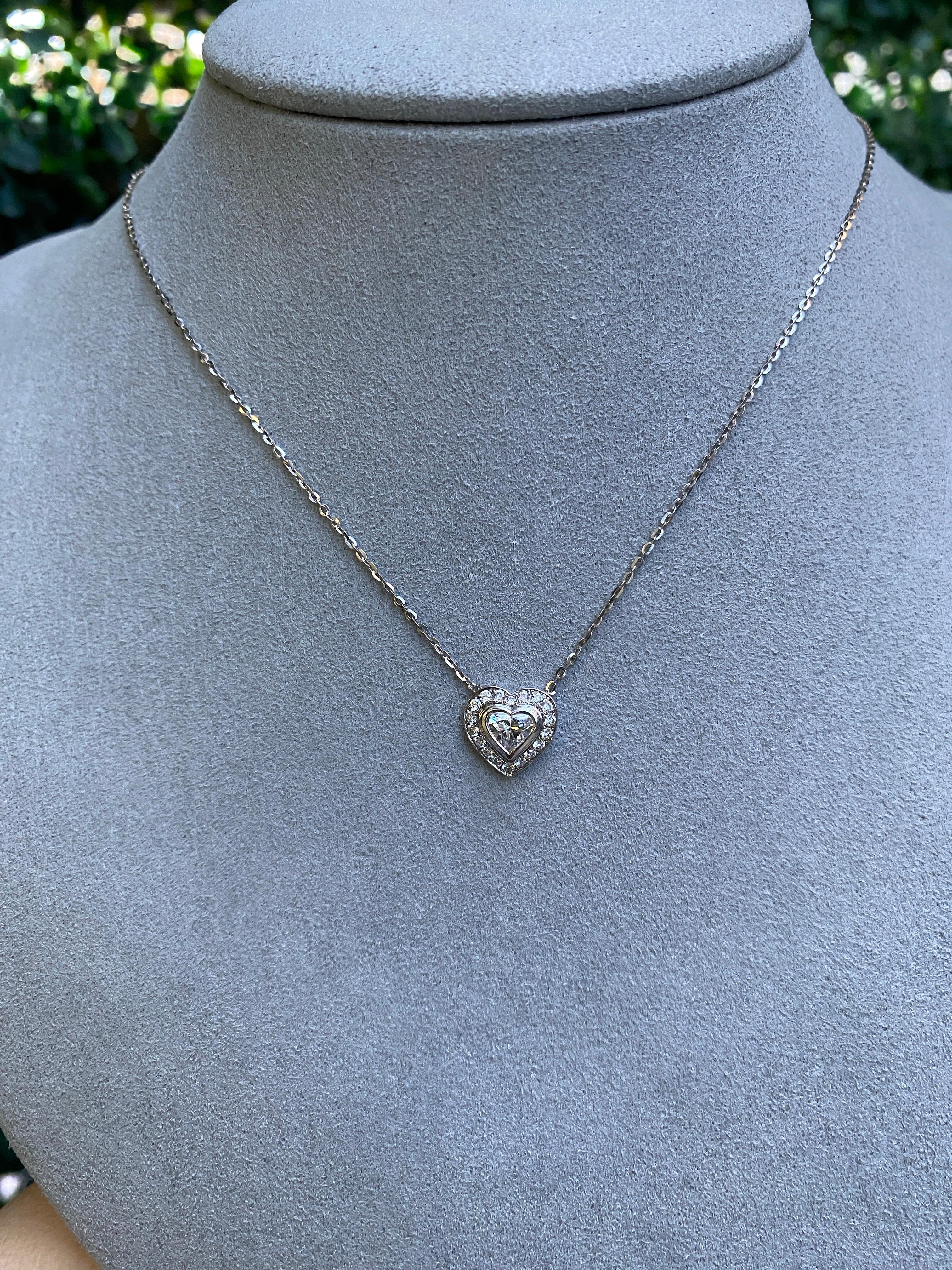 0.63ctw Bezel Set Heart Shaped Diamond with Halo Pendant Necklace 18k White Gold For Sale 12