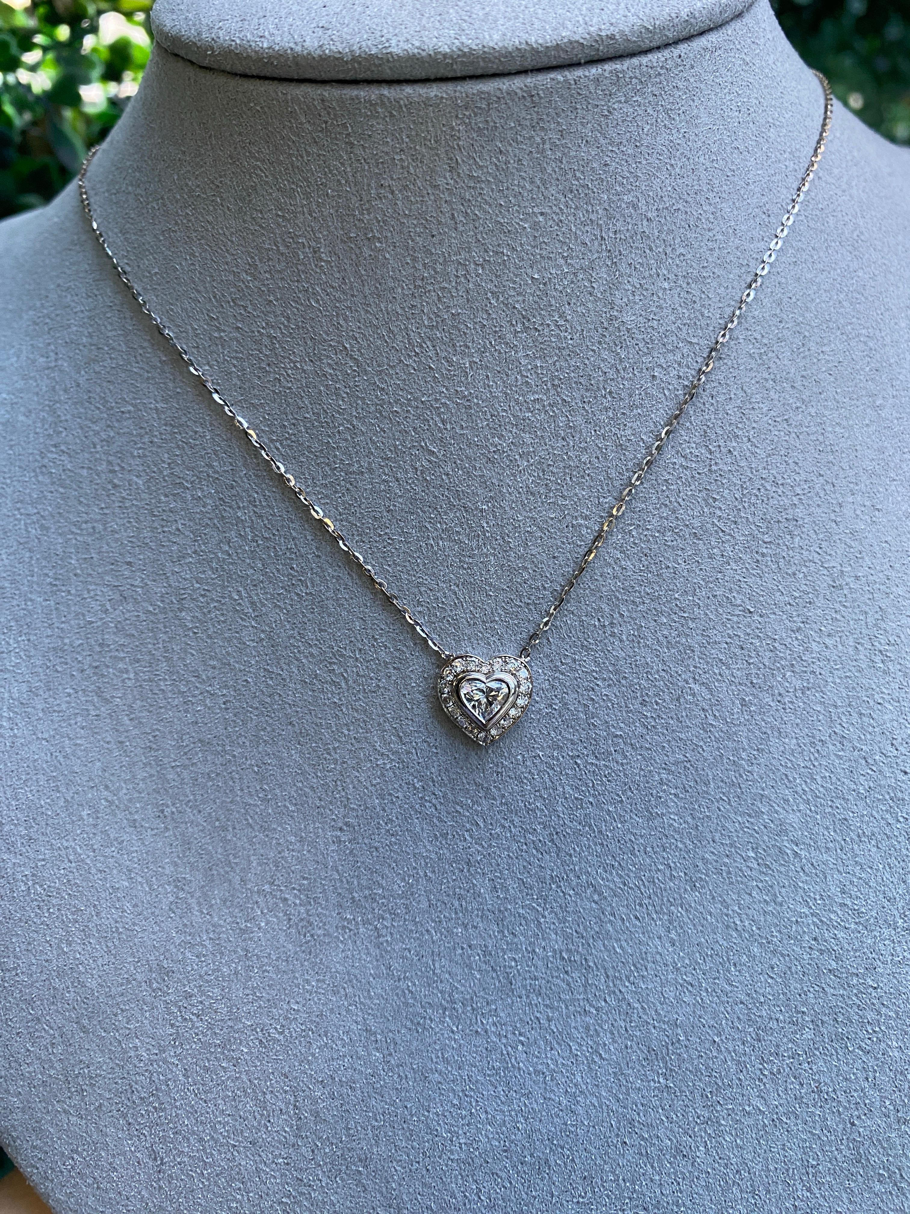 0.63ctw Bezel Set Heart Shaped Diamond with Halo Pendant Necklace 18k White Gold For Sale 2