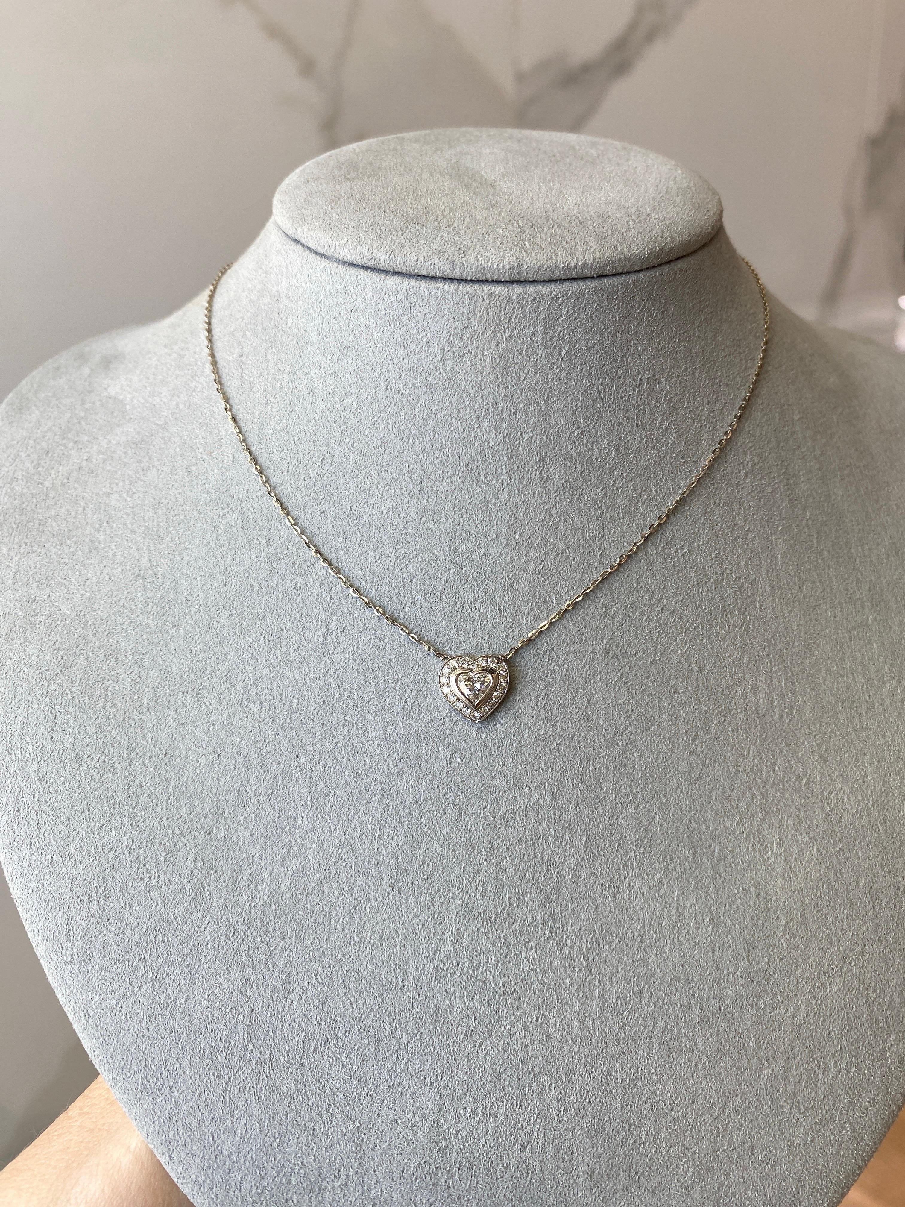 0.63ctw Bezel Set Heart Shaped Diamond with Halo Pendant Necklace 18k White Gold For Sale 3