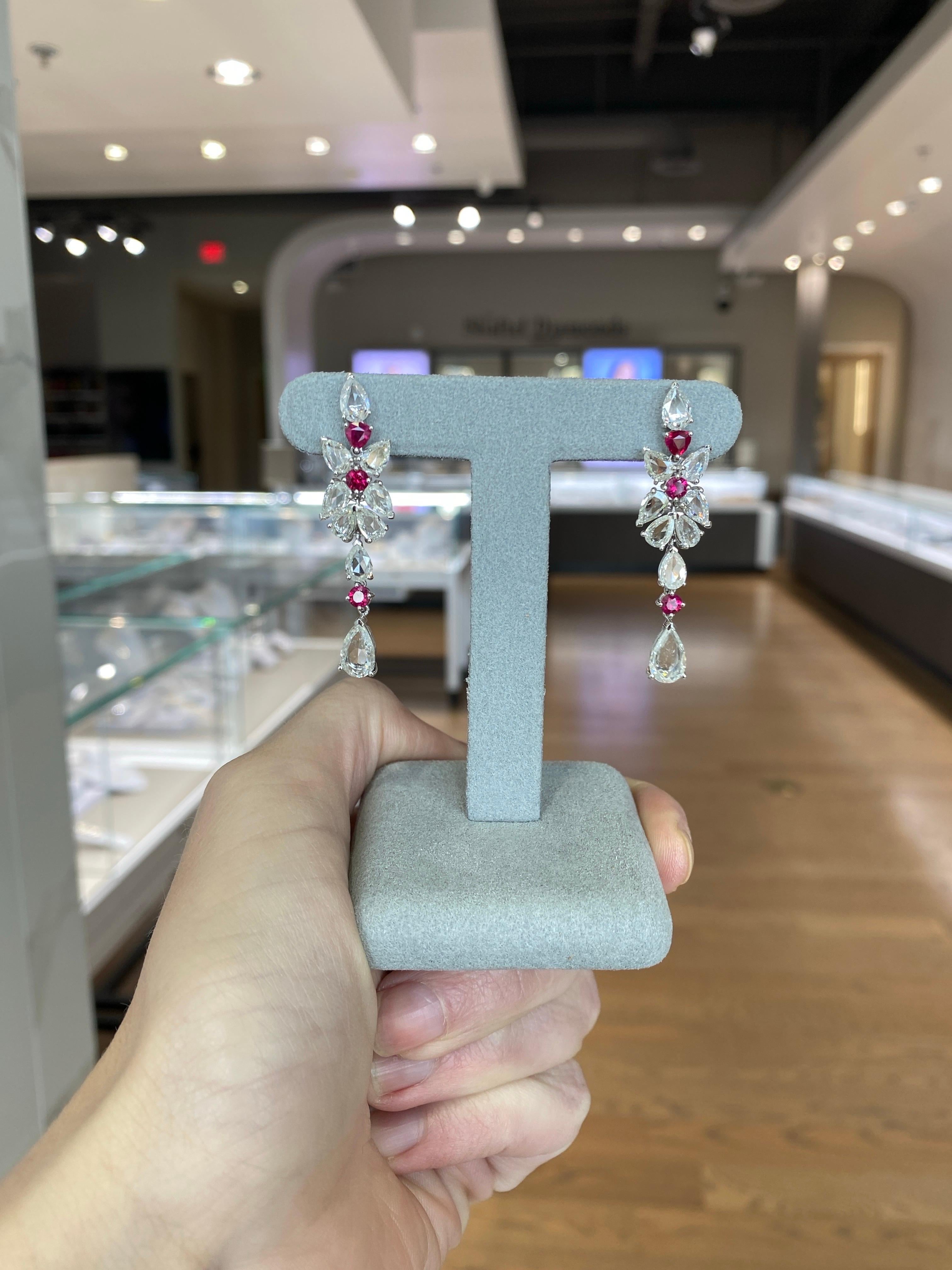 7.00ctw Rose Cut Diamonds & 1.25ctw Ruby 18k White Gold Drop Earrings For Sale 3