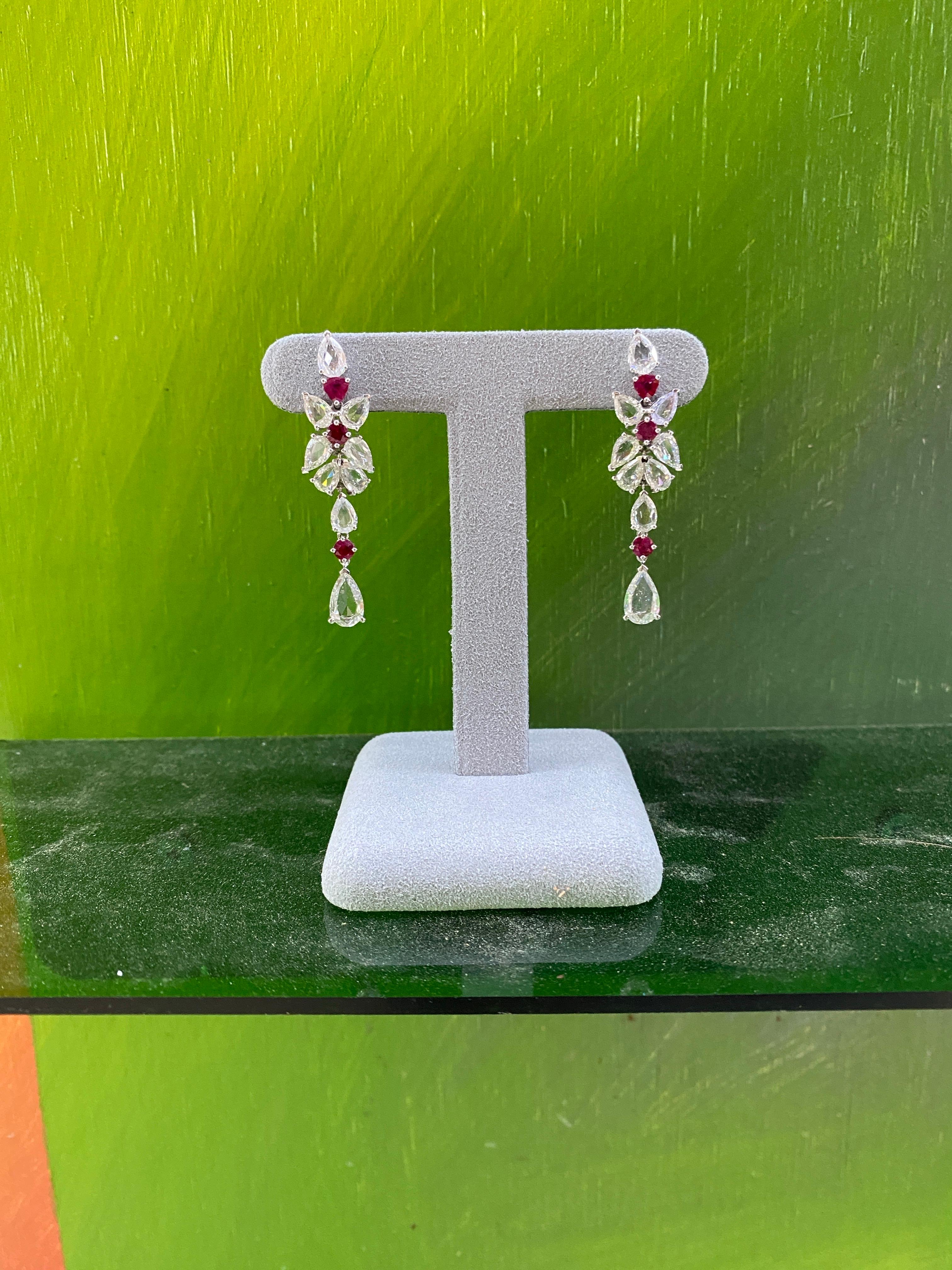 7.00ctw Rose Cut Diamonds & 1.25ctw Ruby 18k White Gold Drop Earrings For Sale 2