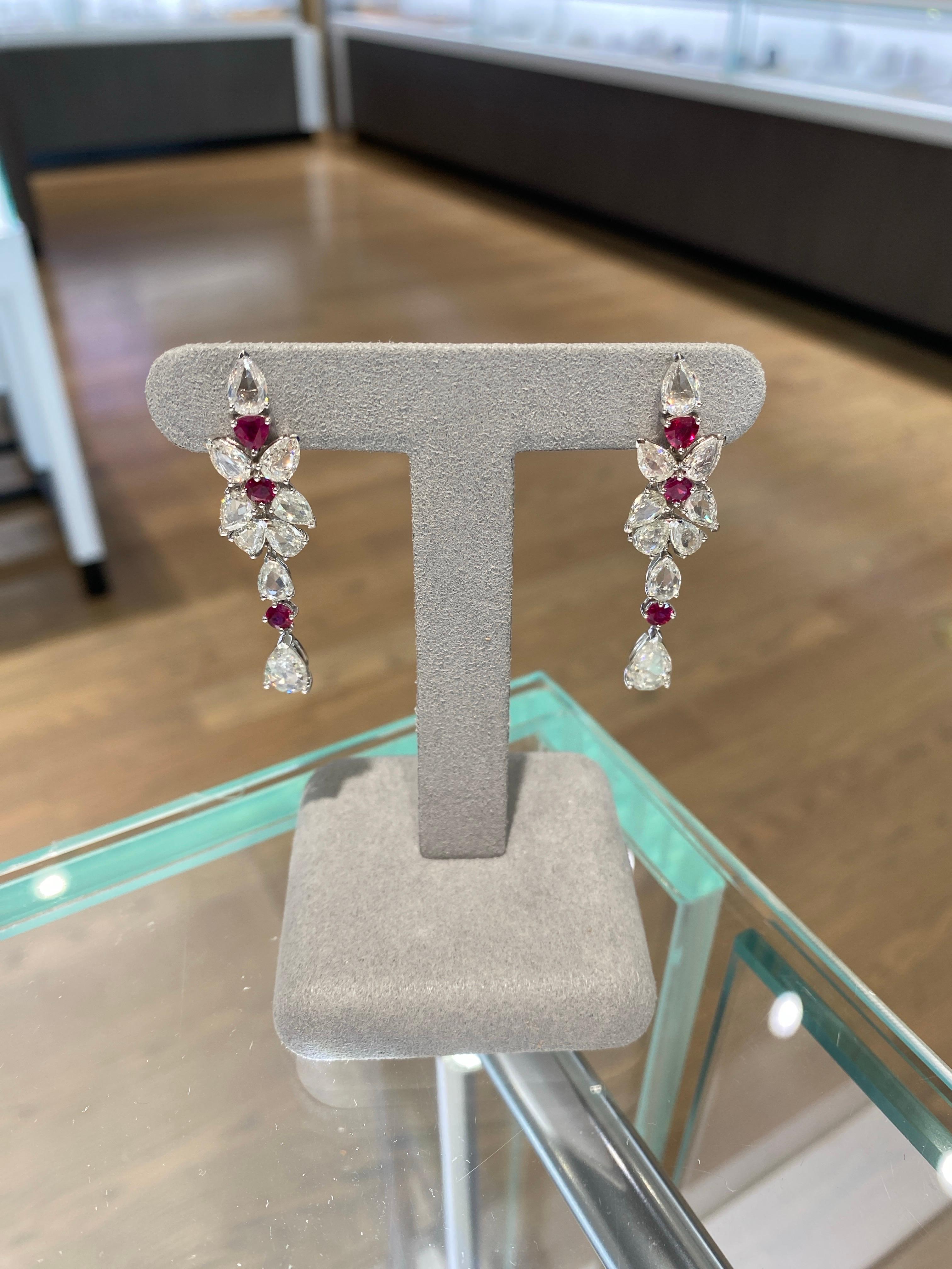 7.00ctw Rose Cut Diamonds & 1.25ctw Ruby 18k White Gold Drop Earrings For Sale 4