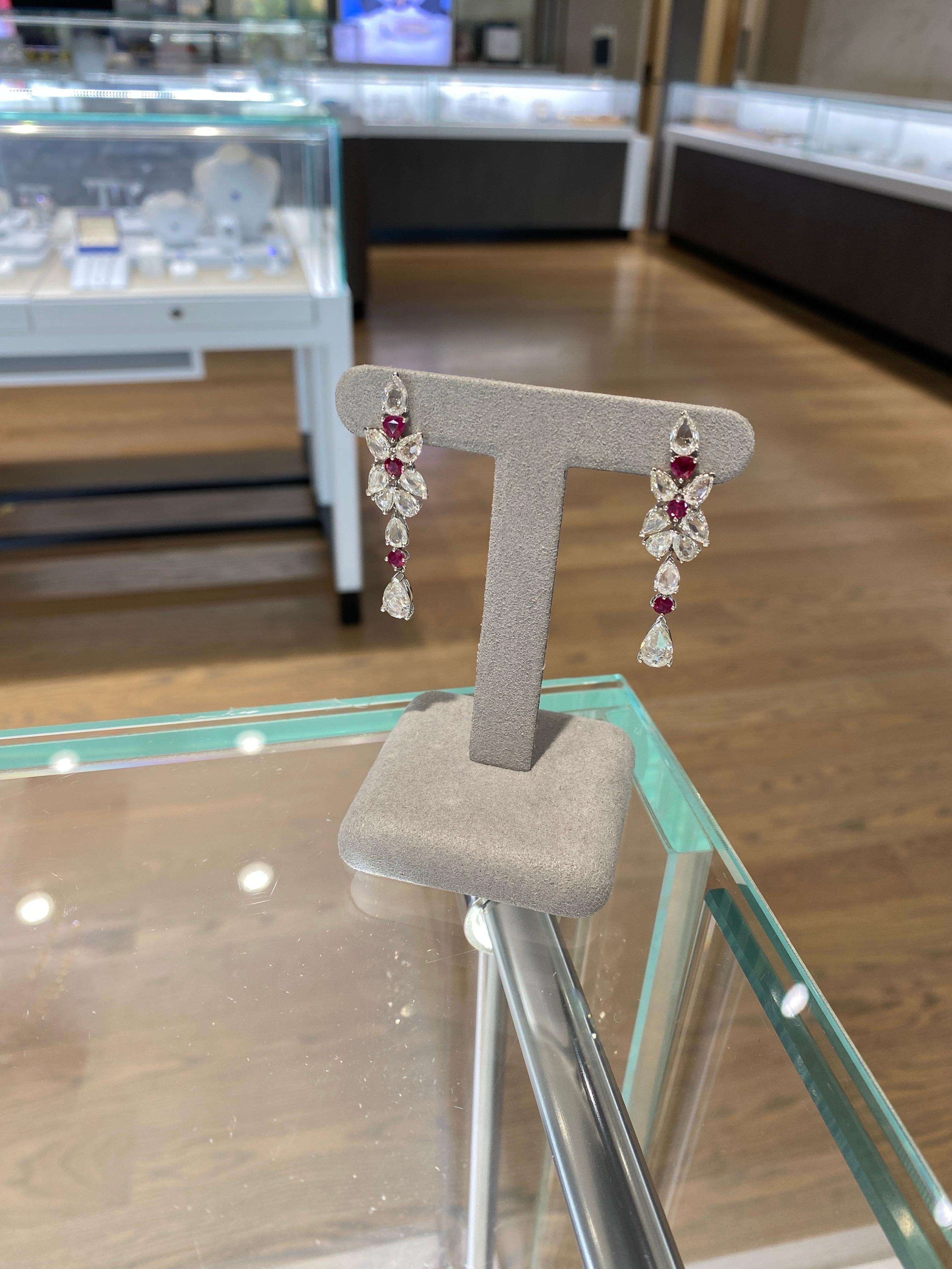7.00ctw Rose Cut Diamonds & 1.25ctw Ruby 18k White Gold Drop Earrings For Sale 5