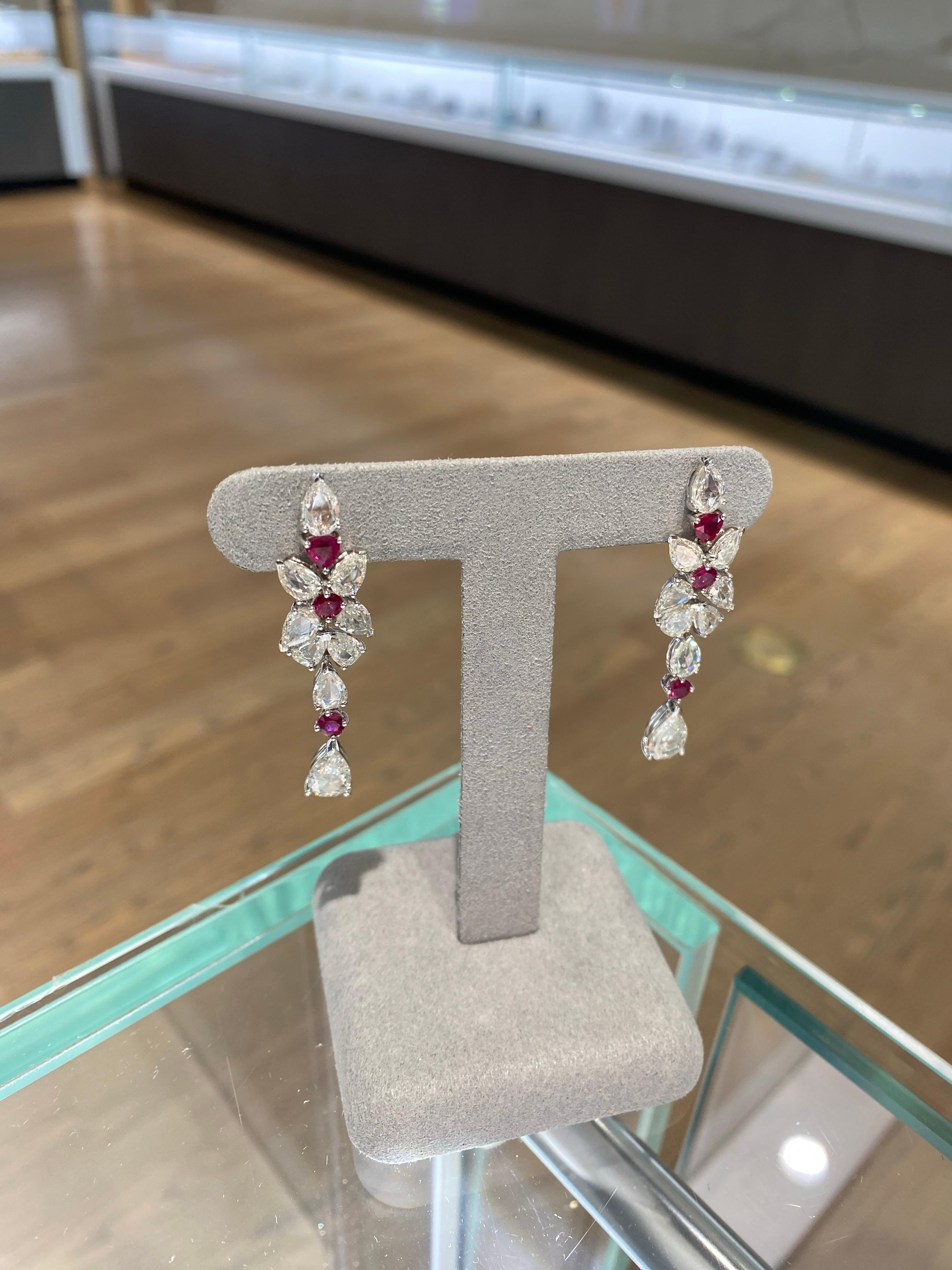 7.00ctw Rose Cut Diamonds & 1.25ctw Ruby 18k White Gold Drop Earrings For Sale 6