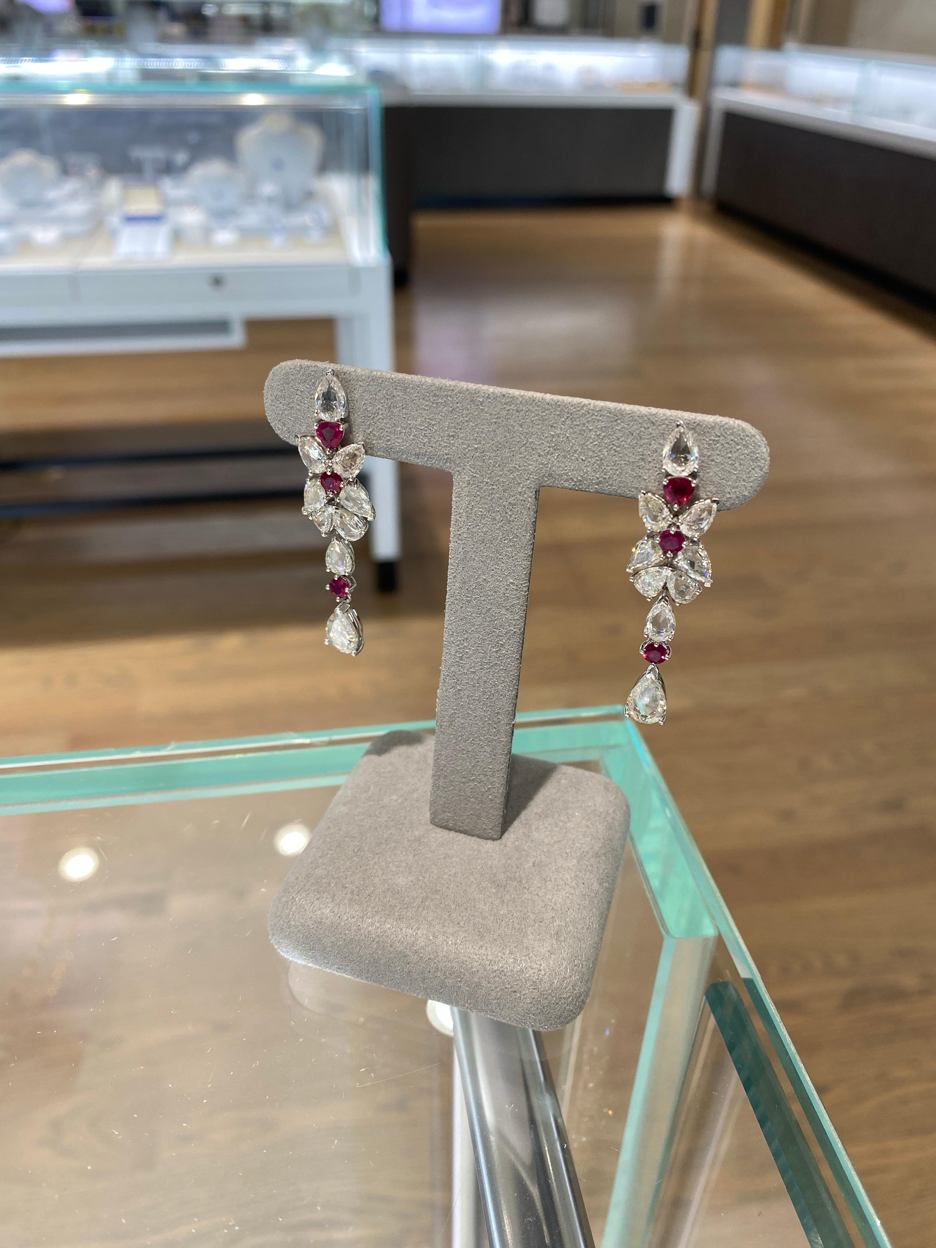 7.00ctw Rose Cut Diamonds & 1.25ctw Ruby 18k White Gold Drop Earrings For Sale 7