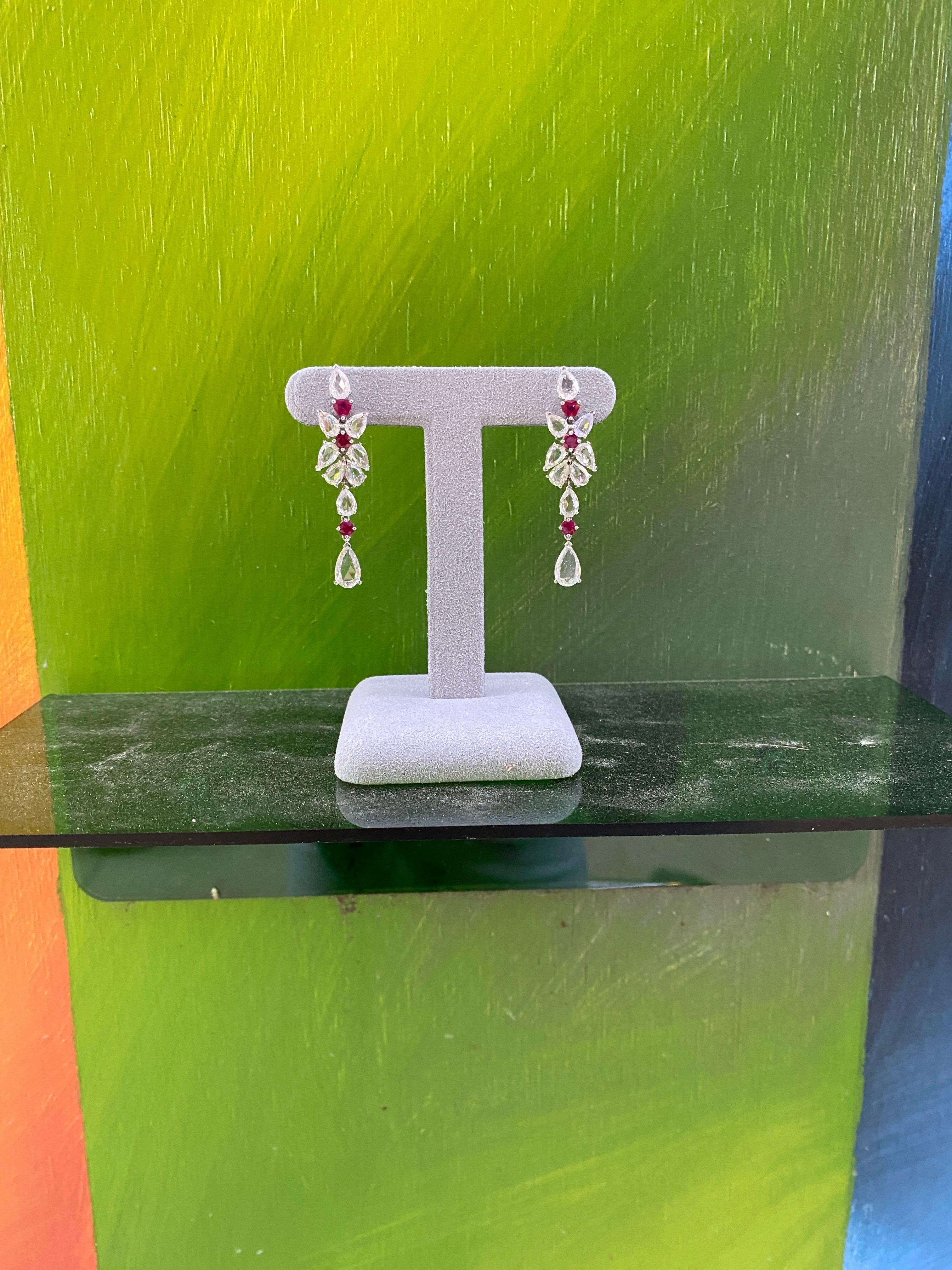 7.00ctw Rose Cut Diamonds & 1.25ctw Ruby 18k White Gold Drop Earrings For Sale 8