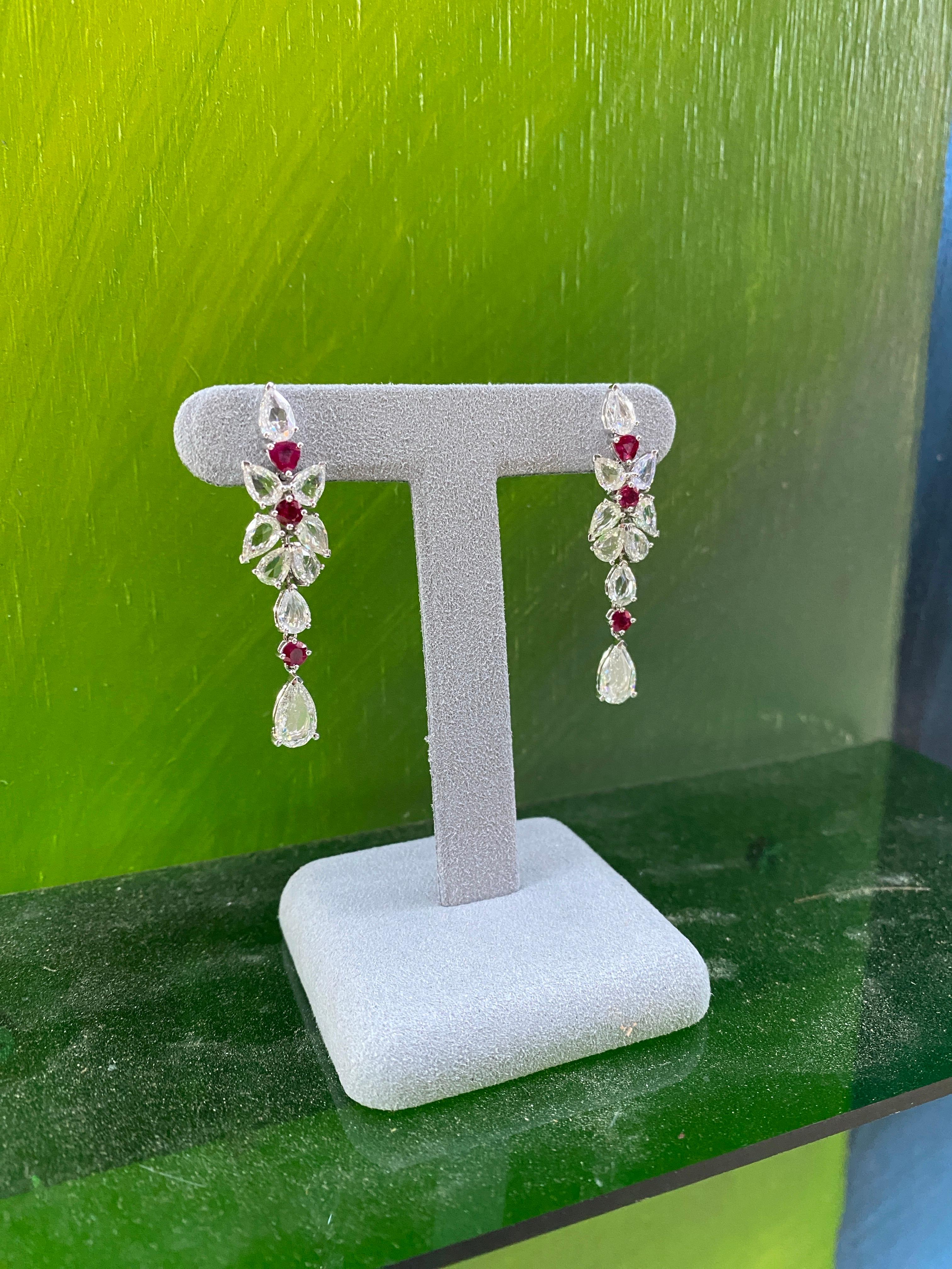 7.00ctw Rose Cut Diamonds & 1.25ctw Ruby 18k White Gold Drop Earrings For Sale 9