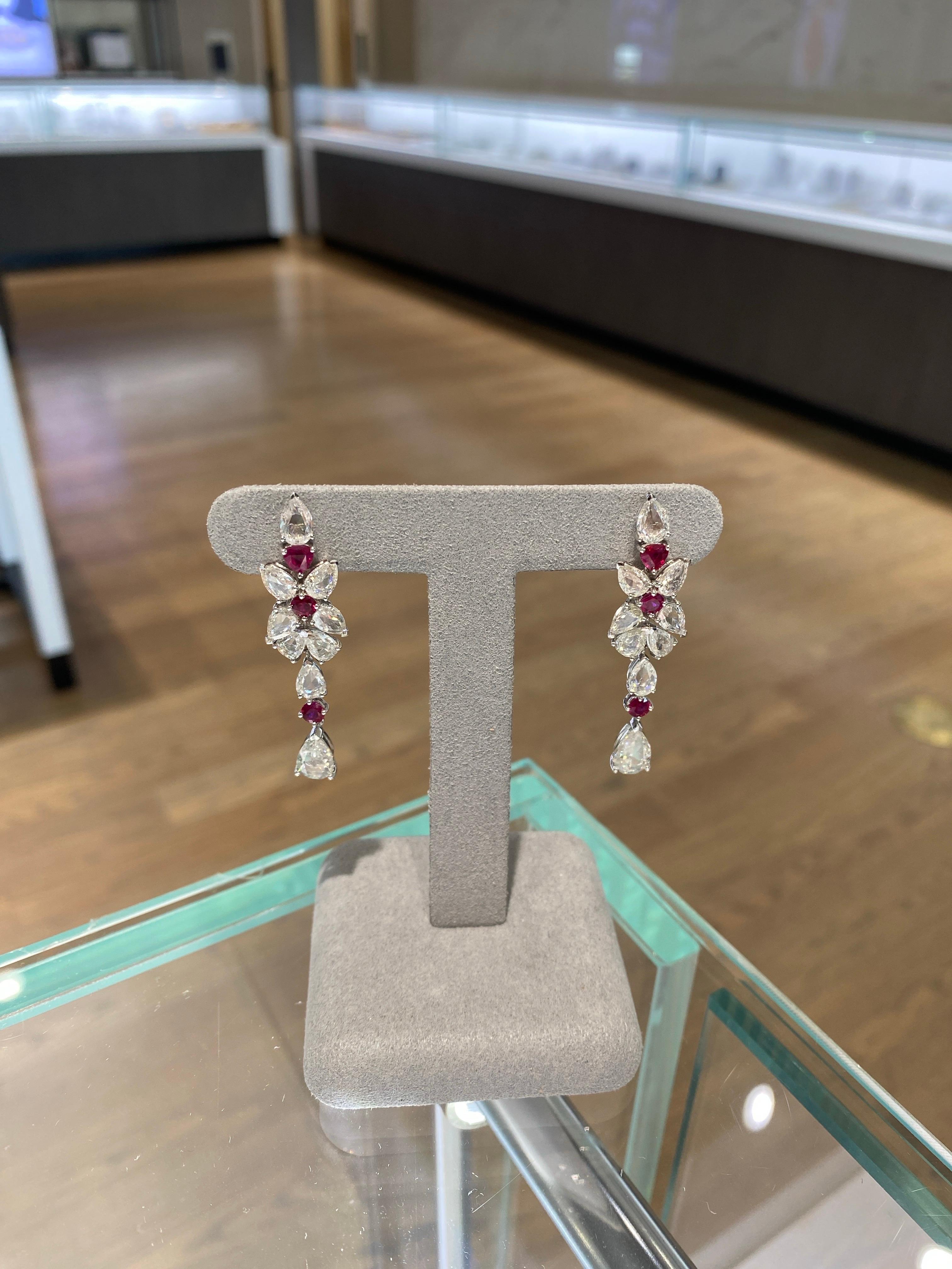 7.00ctw Rose Cut Diamonds & 1.25ctw Ruby 18k White Gold Drop Earrings For Sale 10