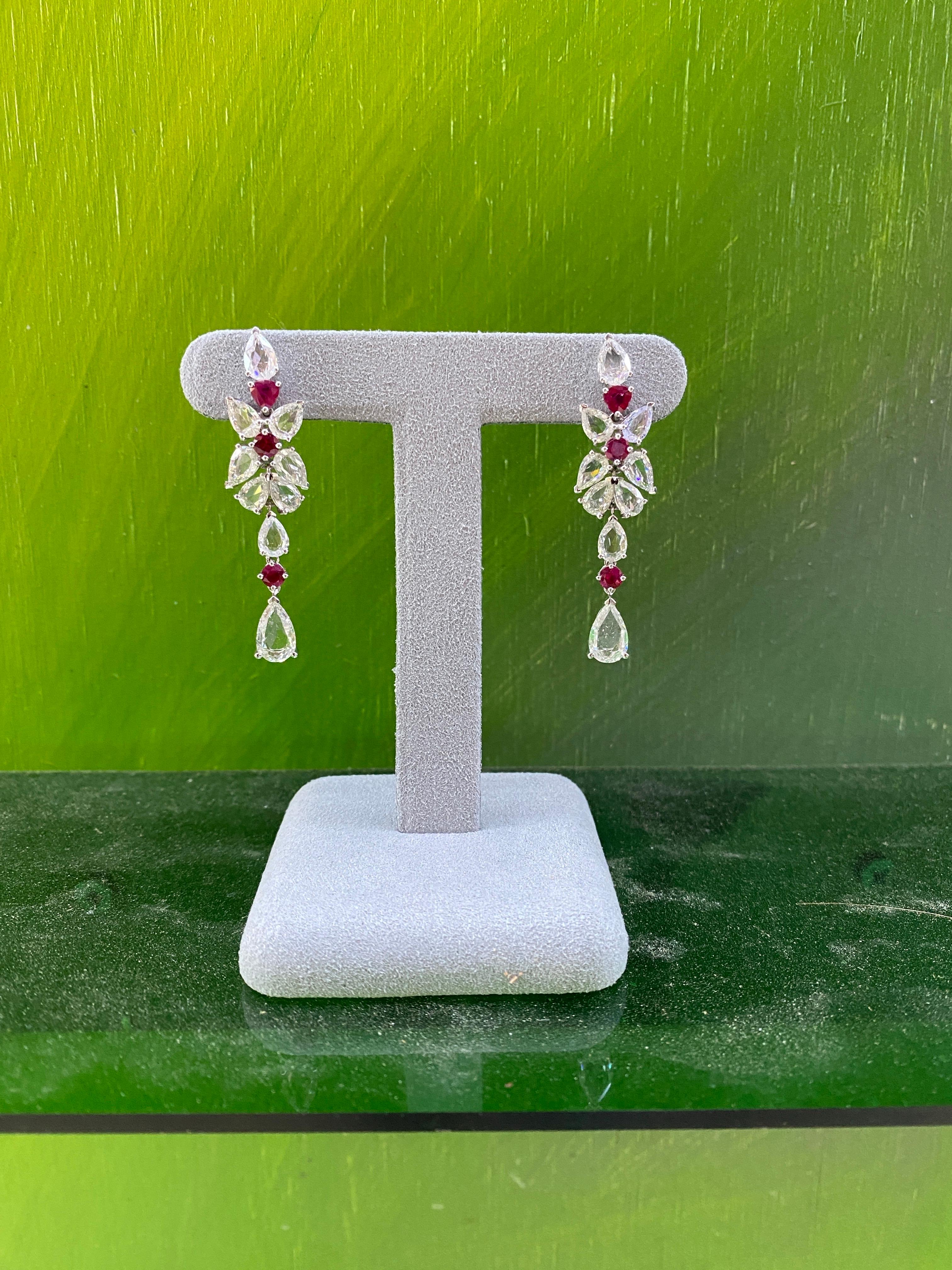 7.00ctw Rose Cut Diamonds & 1.25ctw Ruby 18k White Gold Drop Earrings For Sale 11