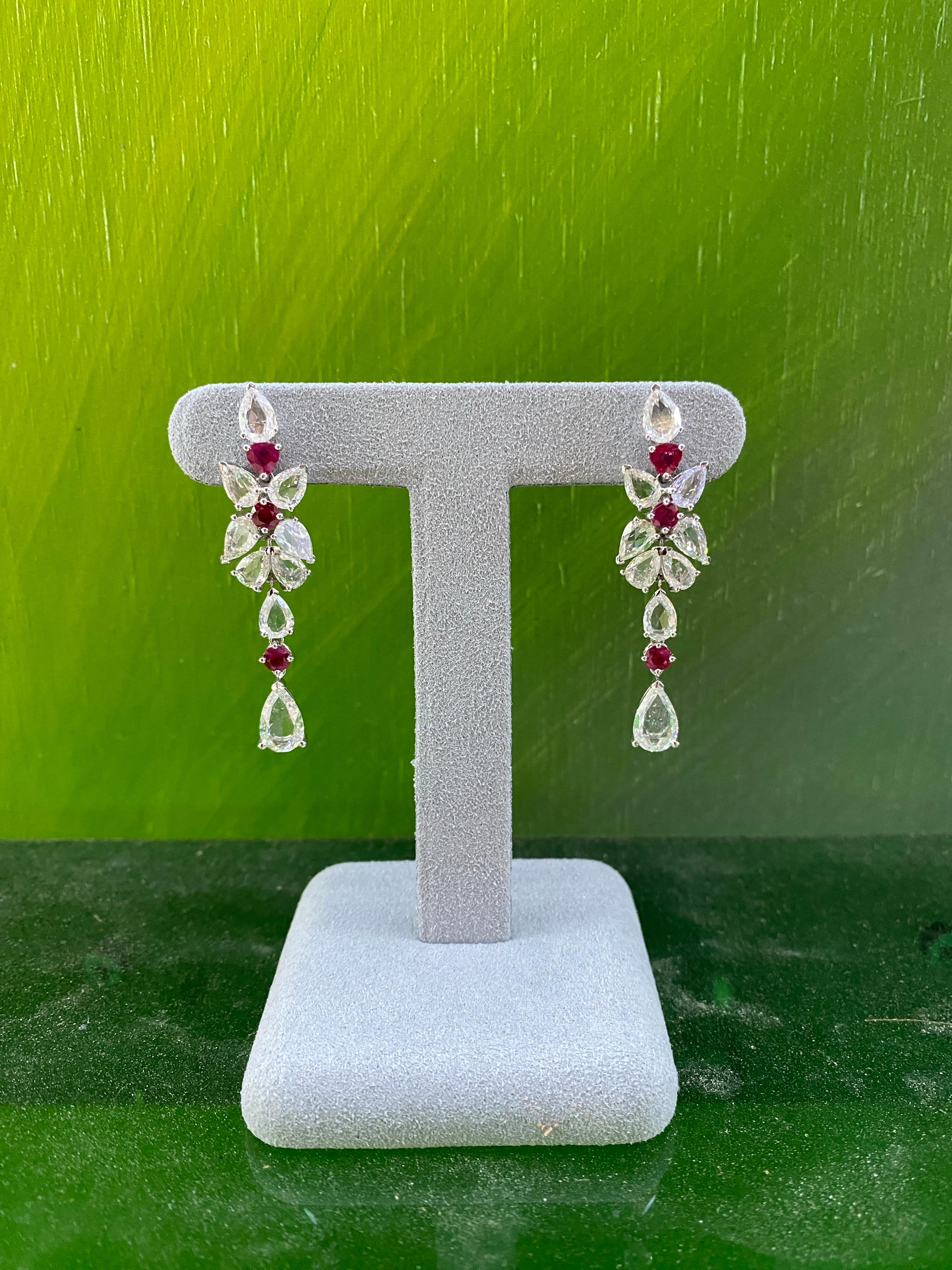 7.00ctw Rose Cut Diamonds & 1.25ctw Ruby 18k White Gold Drop Earrings For Sale 12