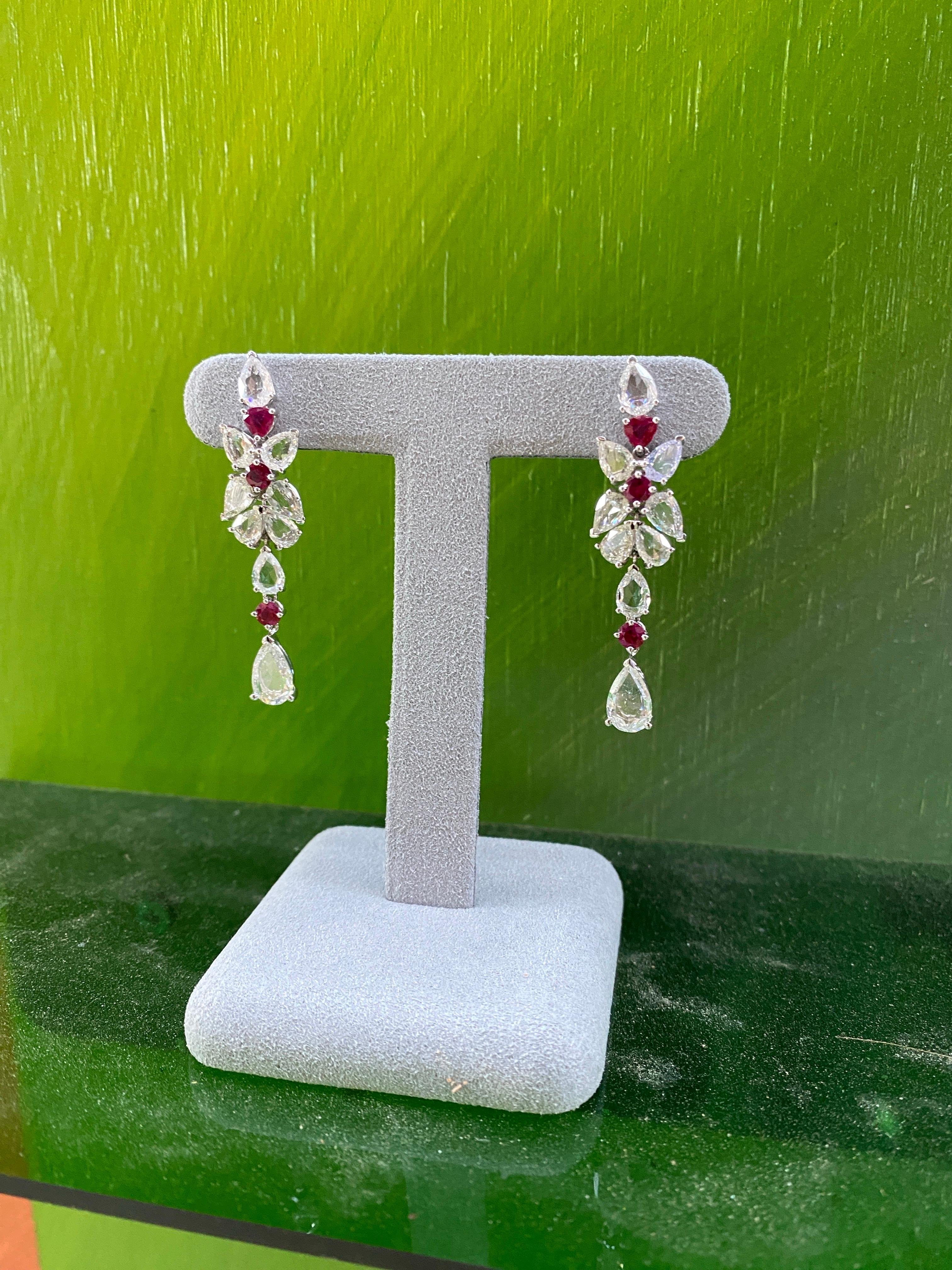 7.00ctw Rose Cut Diamonds & 1.25ctw Ruby 18k White Gold Drop Earrings For Sale 13