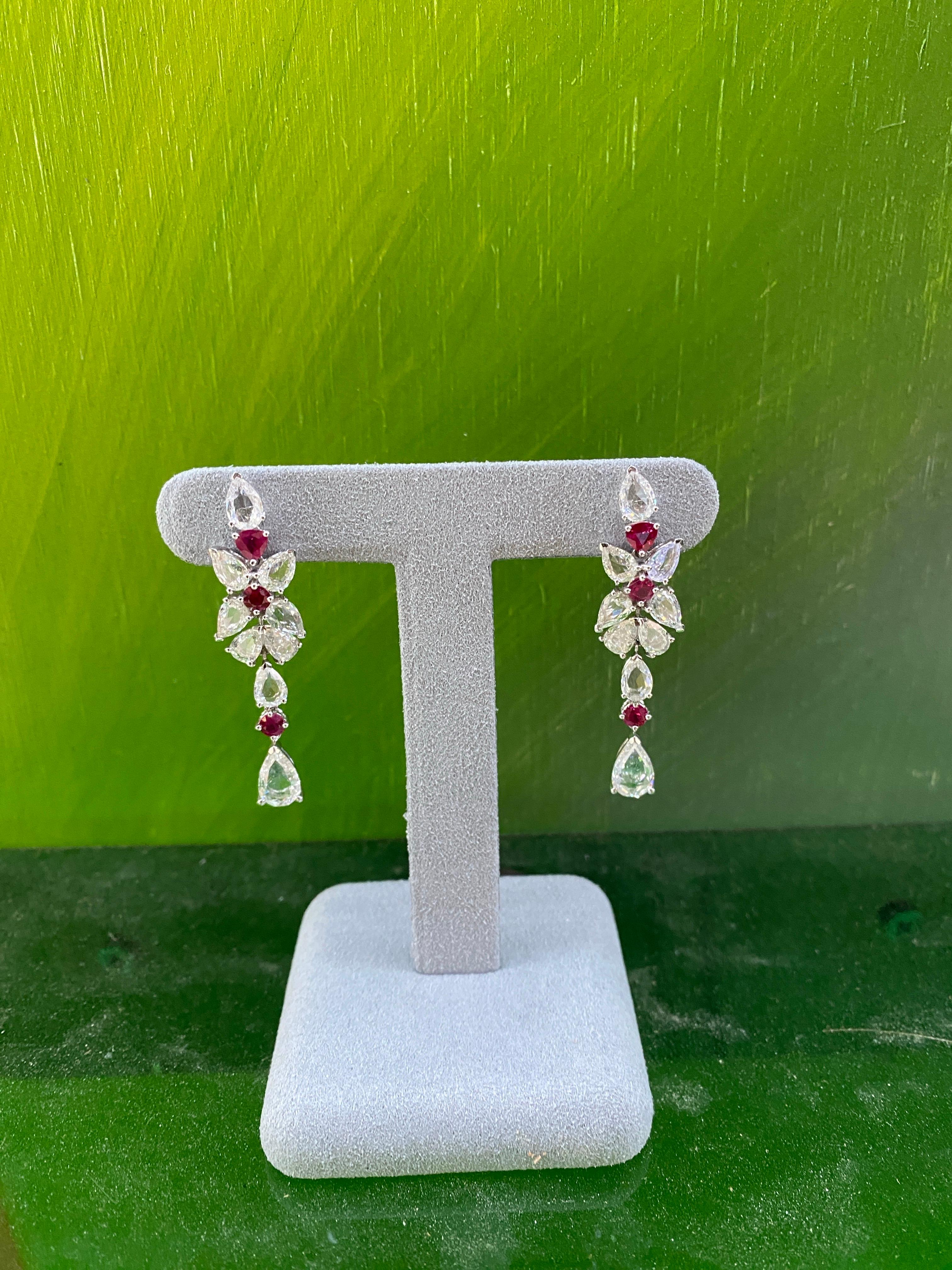 7.00ctw Rose Cut Diamonds & 1.25ctw Ruby 18k White Gold Drop Earrings For Sale 14