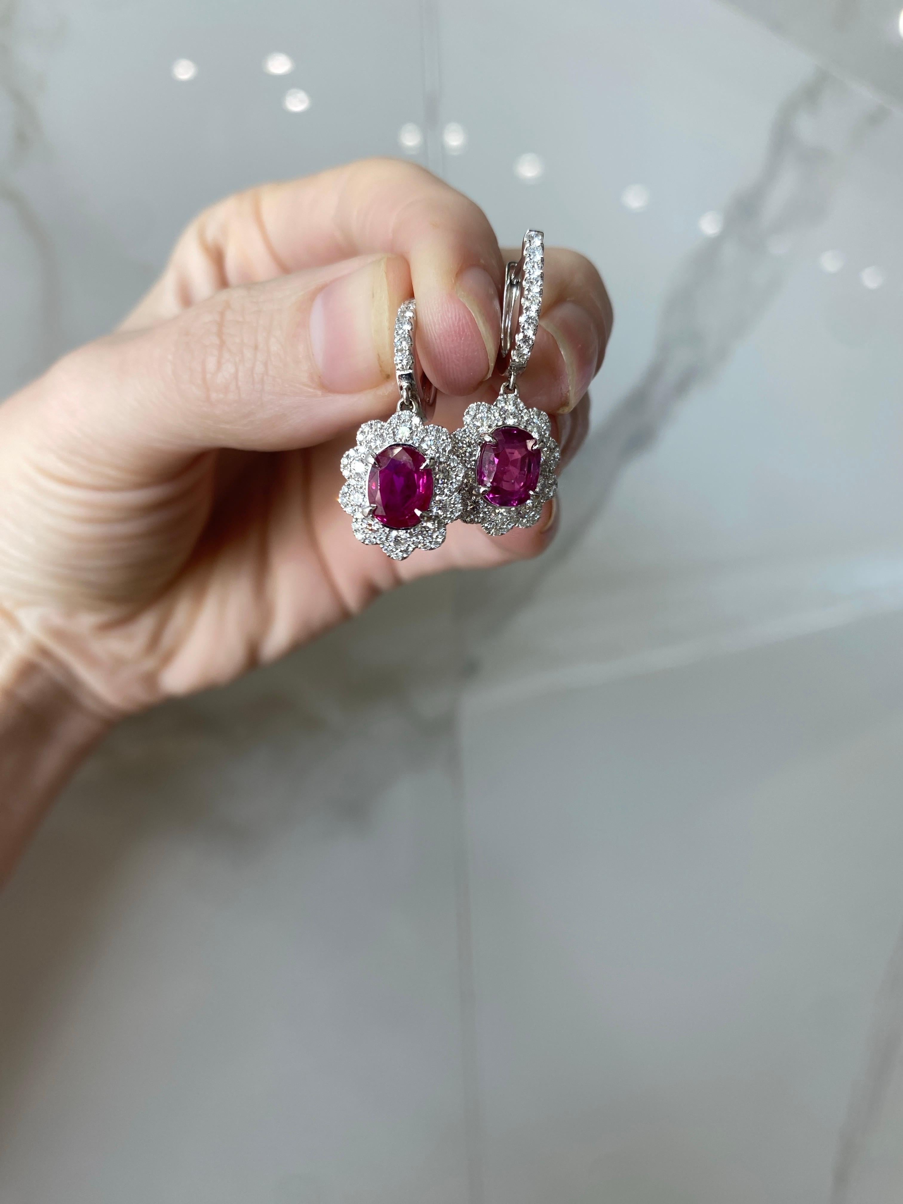 Women's or Men's GIA Certified Oval Ruby & Diamond Dangle Earrings, 18 Karat White Gold