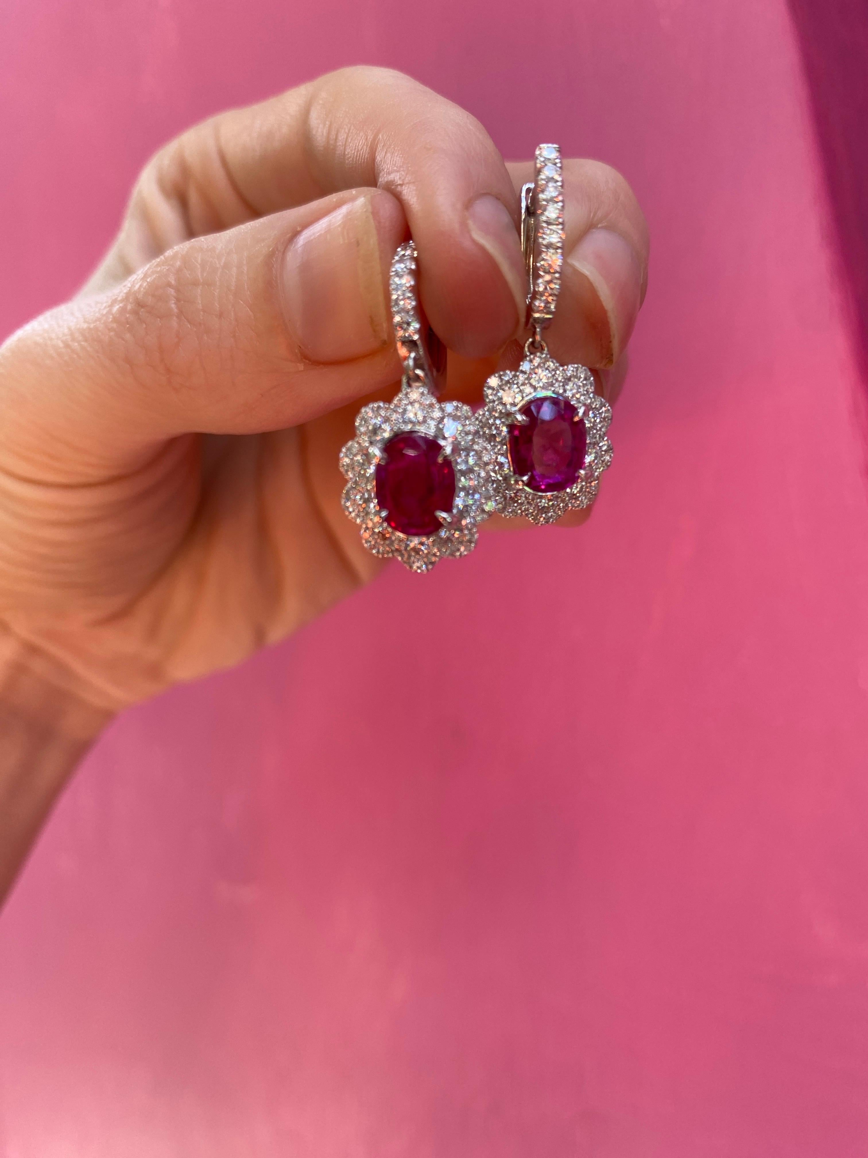 GIA Certified Oval Ruby & Diamond Dangle Earrings, 18 Karat White Gold 3