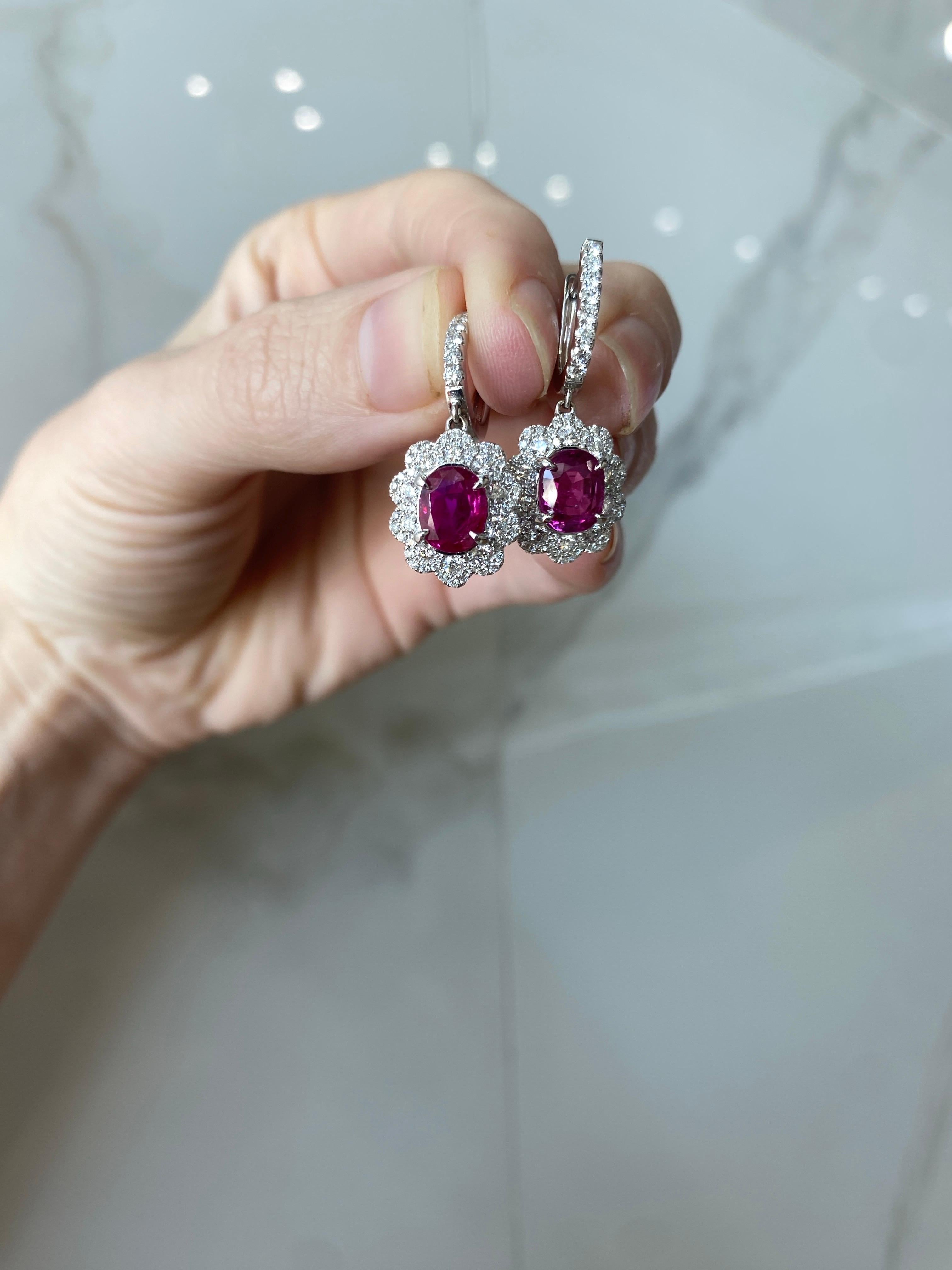 GIA Certified Oval Ruby & Diamond Dangle Earrings, 18 Karat White Gold 5