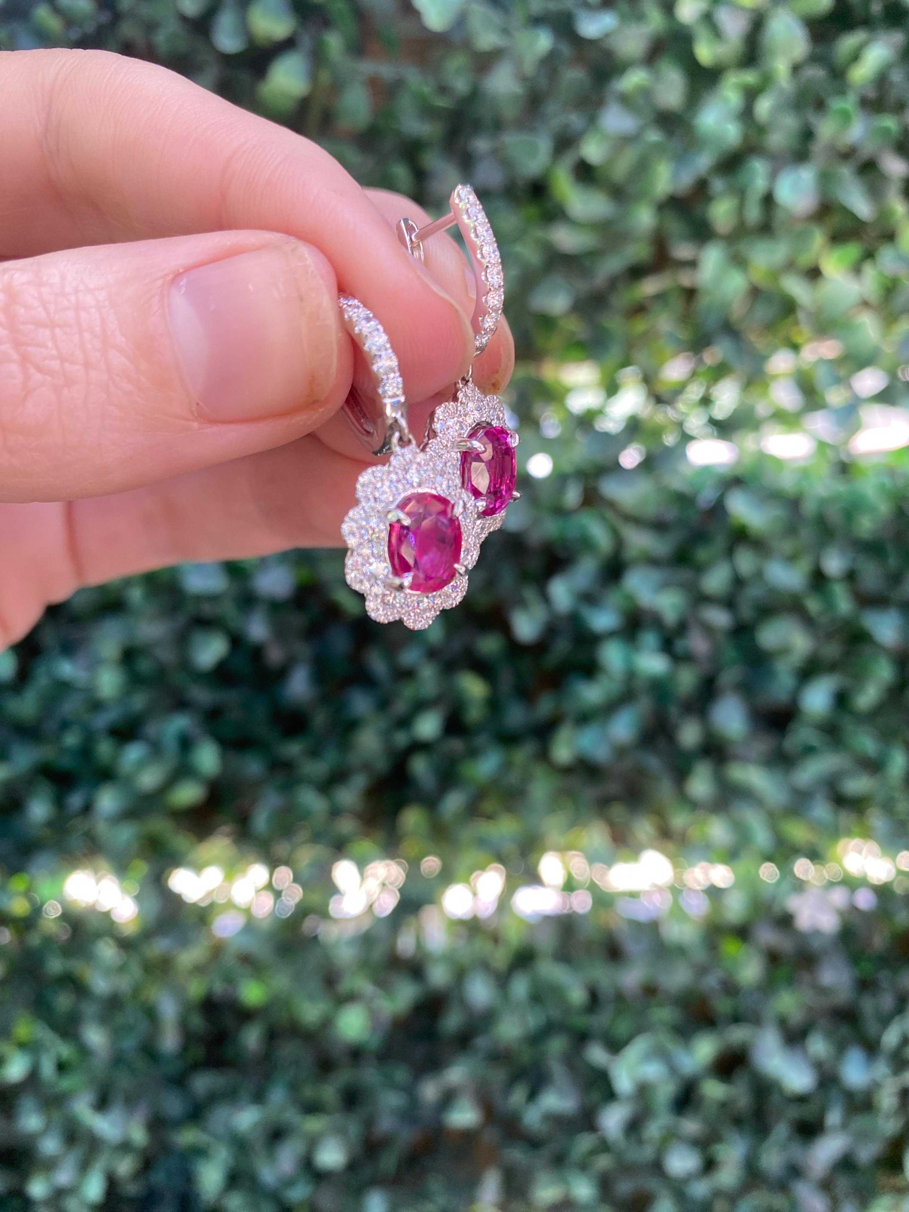 GIA Certified Oval Ruby & Diamond Dangle Earrings, 18 Karat White Gold 6