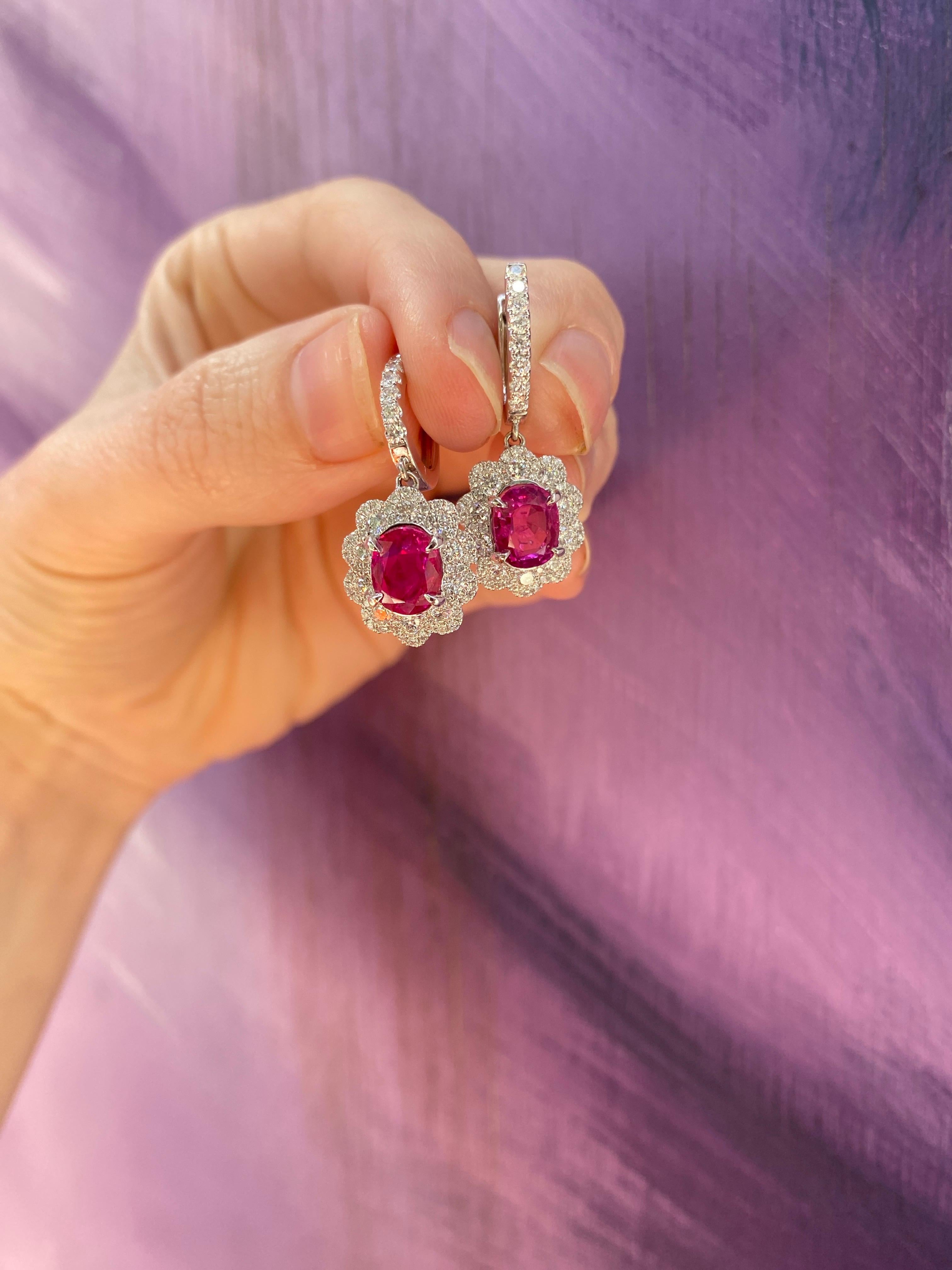 GIA Certified Oval Ruby & Diamond Dangle Earrings, 18 Karat White Gold 7