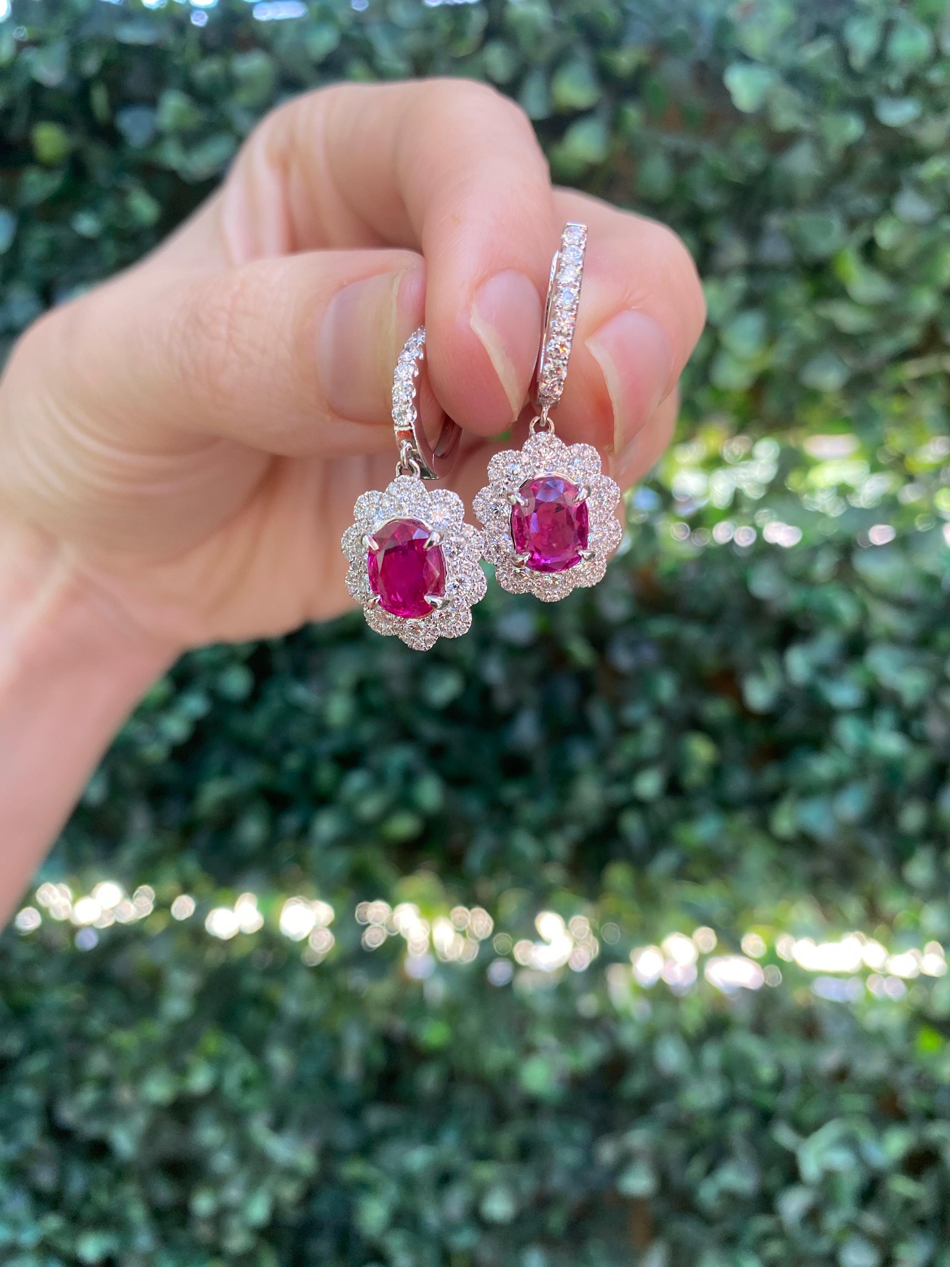 GIA Certified Oval Ruby & Diamond Dangle Earrings, 18 Karat White Gold 9