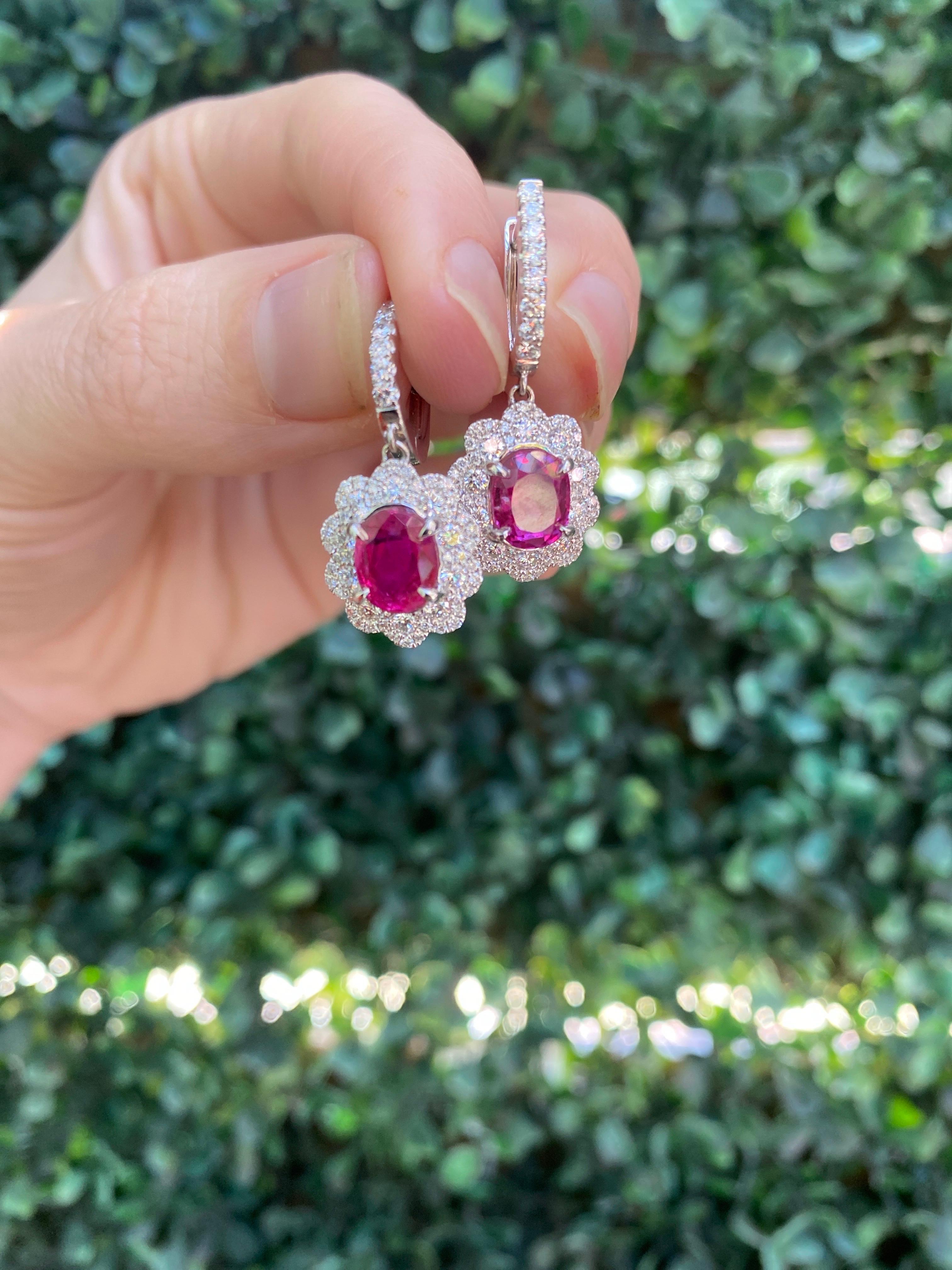 GIA Certified Oval Ruby & Diamond Dangle Earrings, 18 Karat White Gold 10