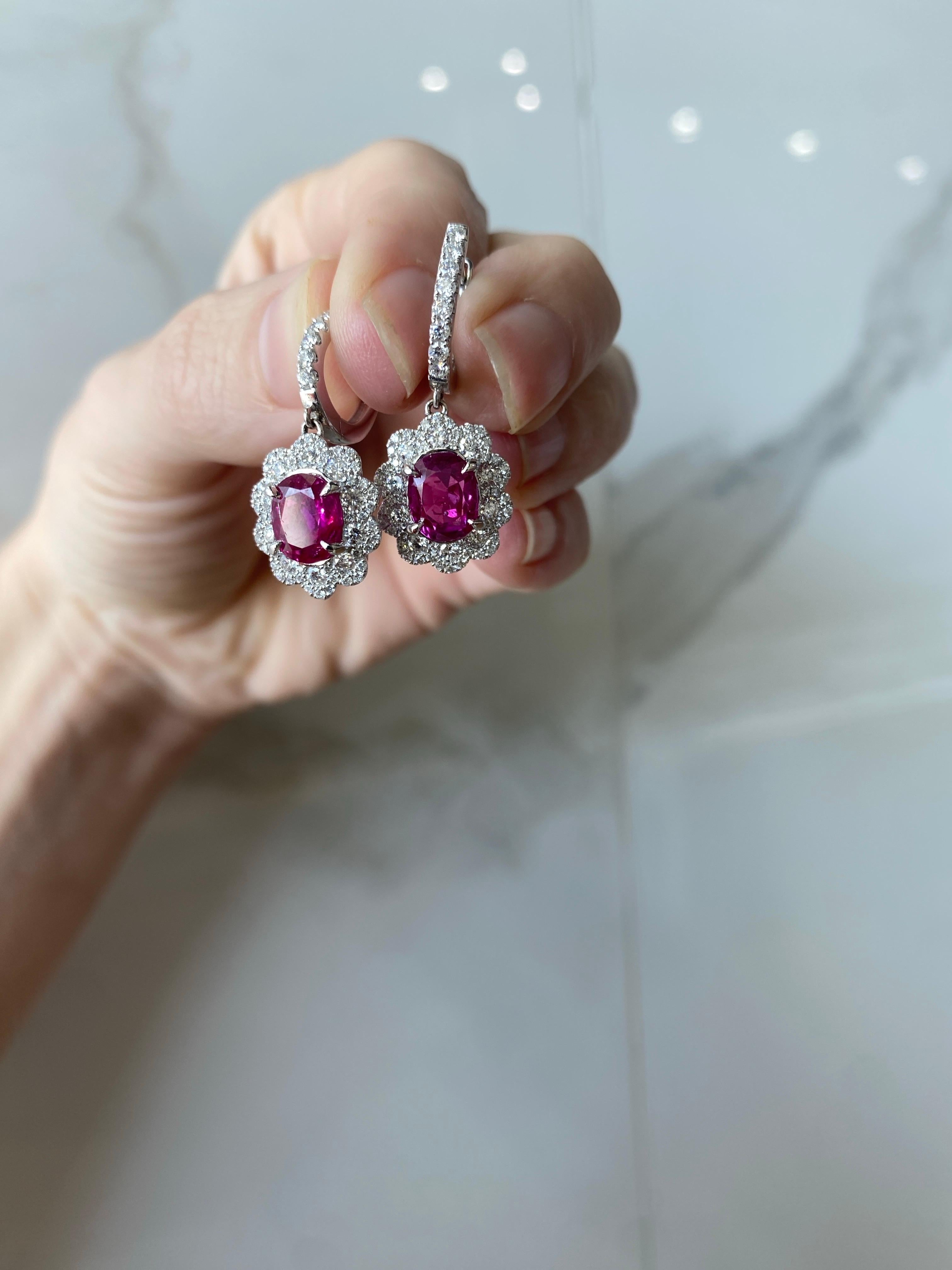 GIA Certified Oval Ruby & Diamond Dangle Earrings, 18 Karat White Gold 13