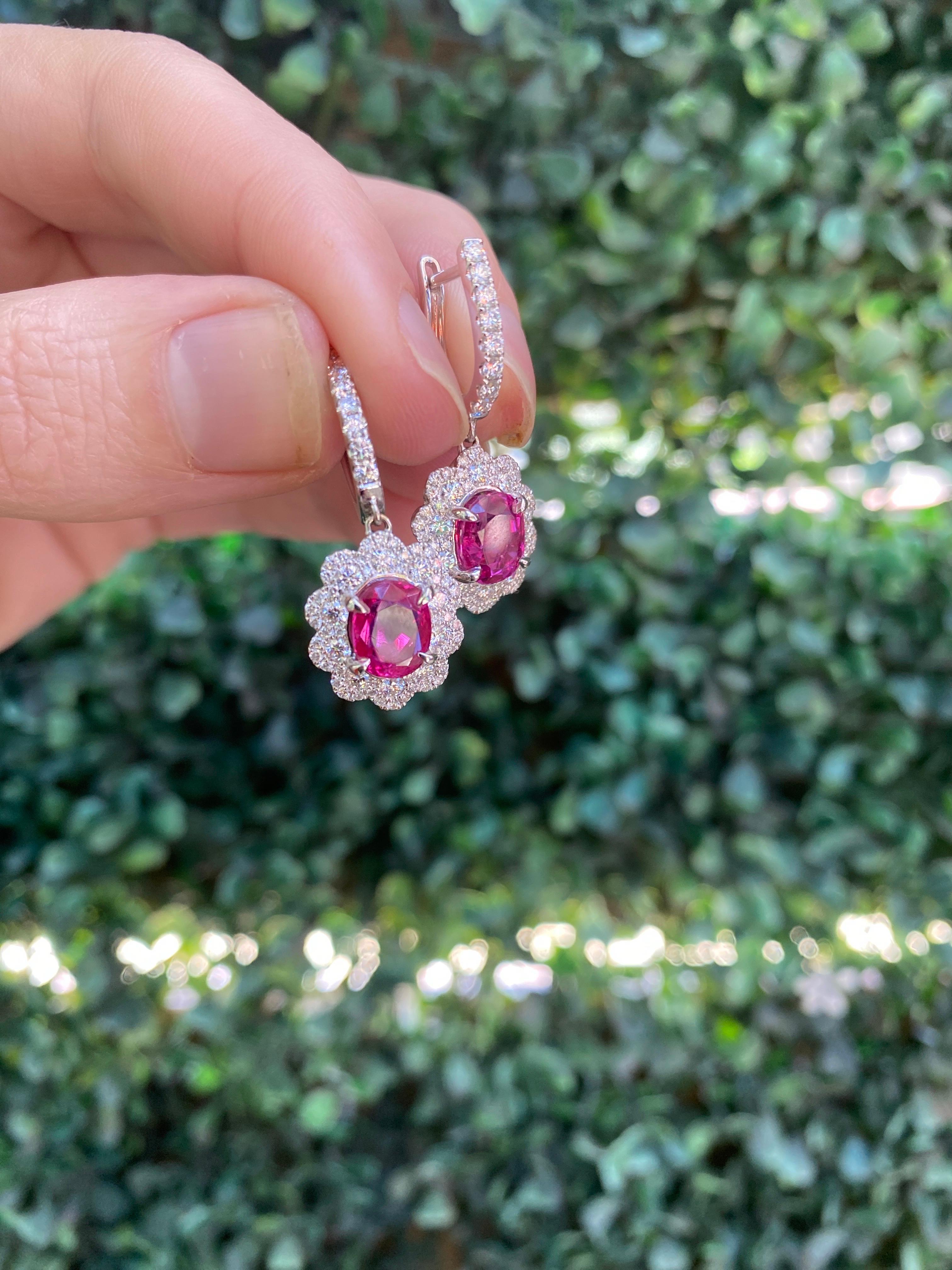 GIA Certified Oval Ruby & Diamond Dangle Earrings, 18 Karat White Gold 15