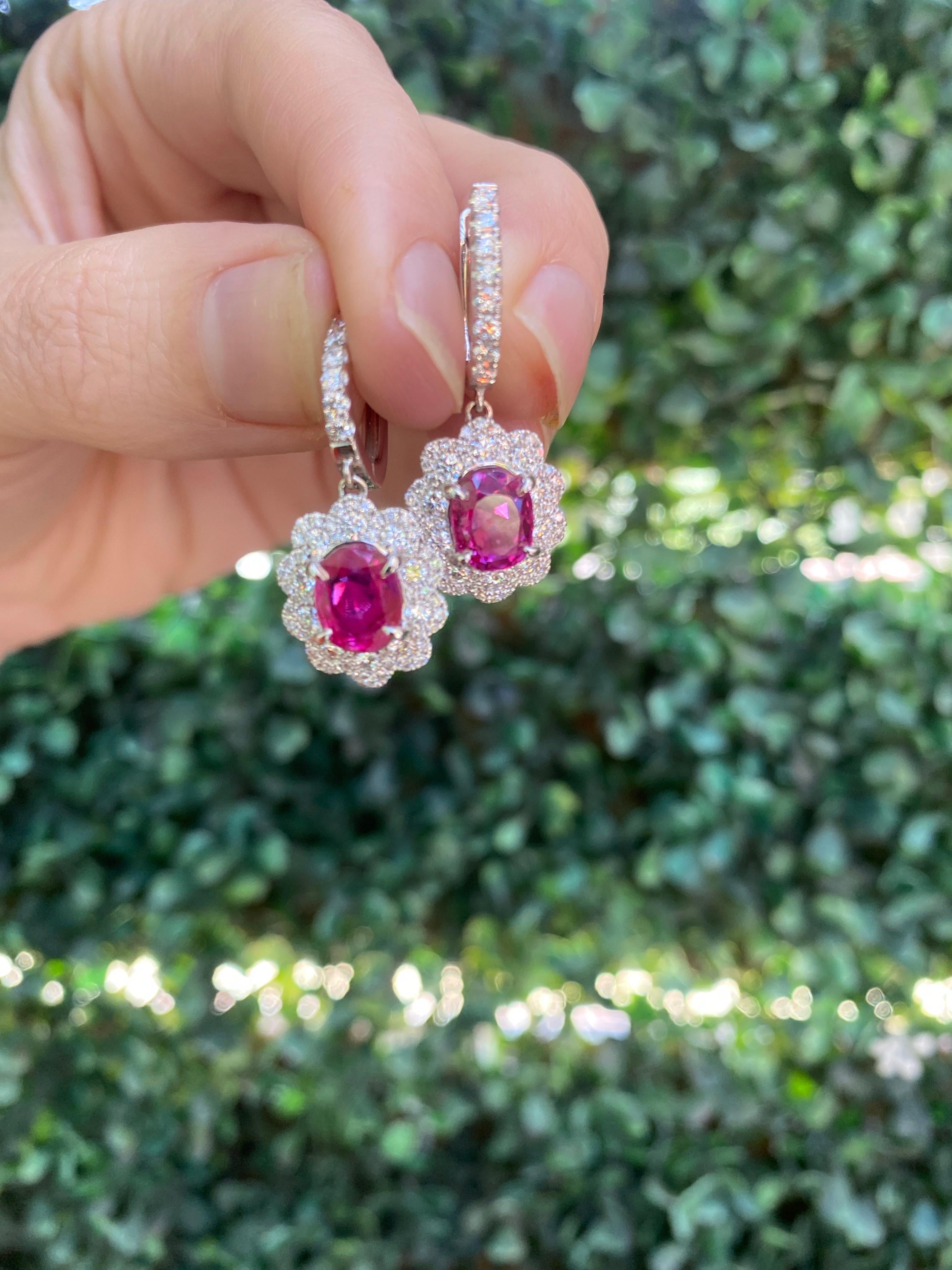 GIA Certified Oval Ruby & Diamond Dangle Earrings, 18 Karat White Gold 14