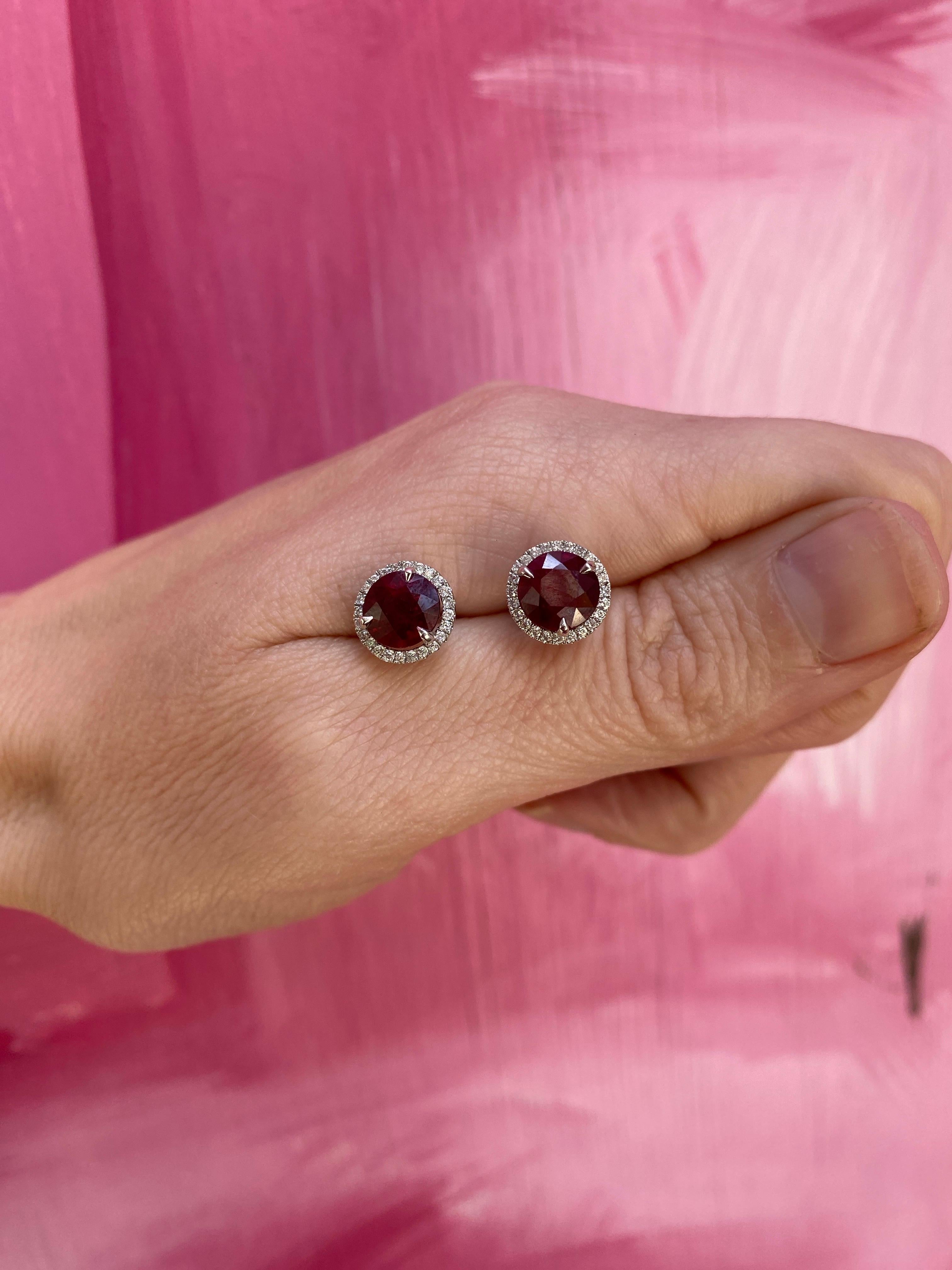 18 Karat White Gold 3.78ctw Madagascar Ruby with 0.29ctw Diamond Halo Studs For Sale 6