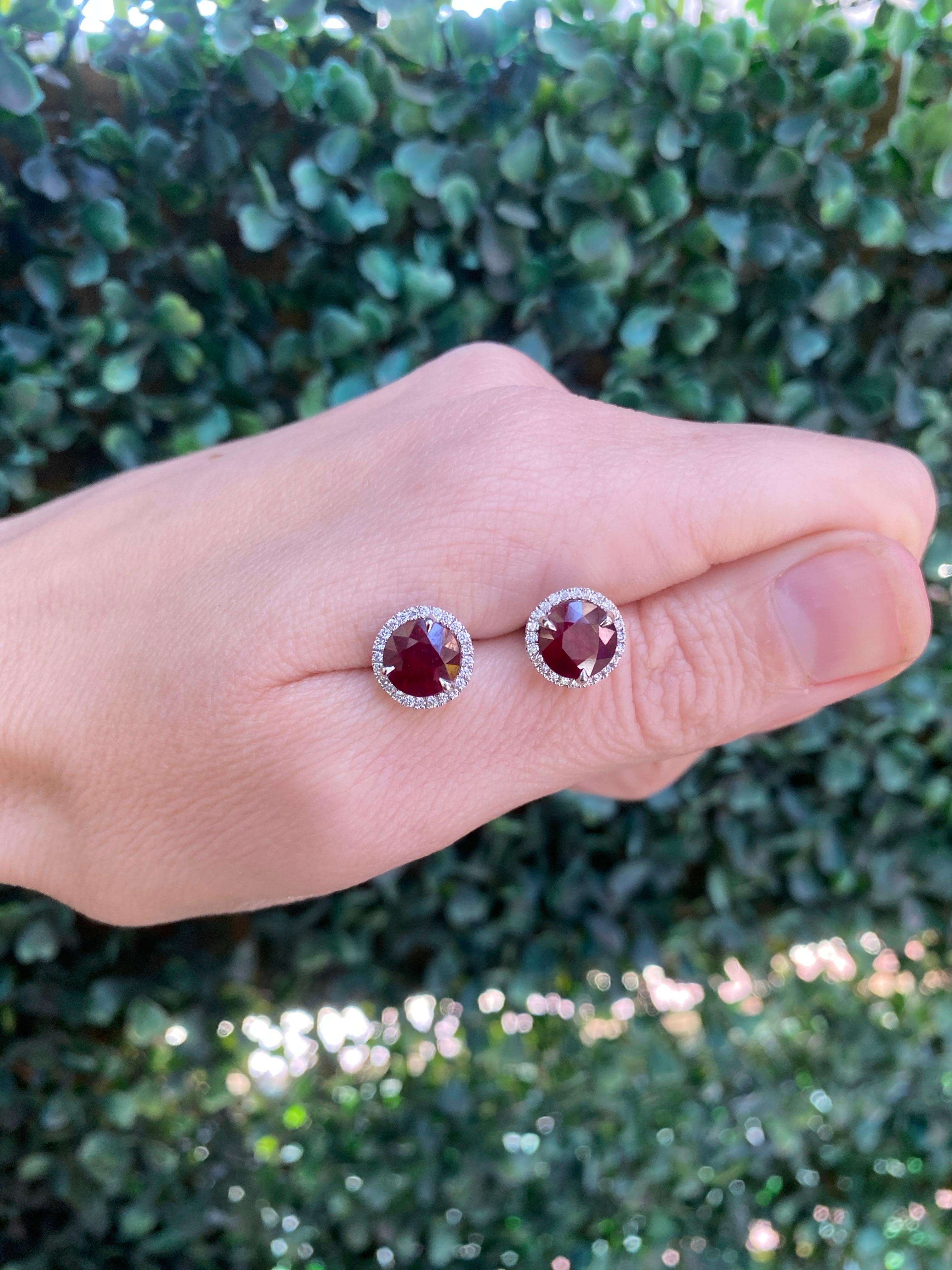 18 Karat White Gold 3.78ctw Madagascar Ruby with 0.29ctw Diamond Halo Studs For Sale 7