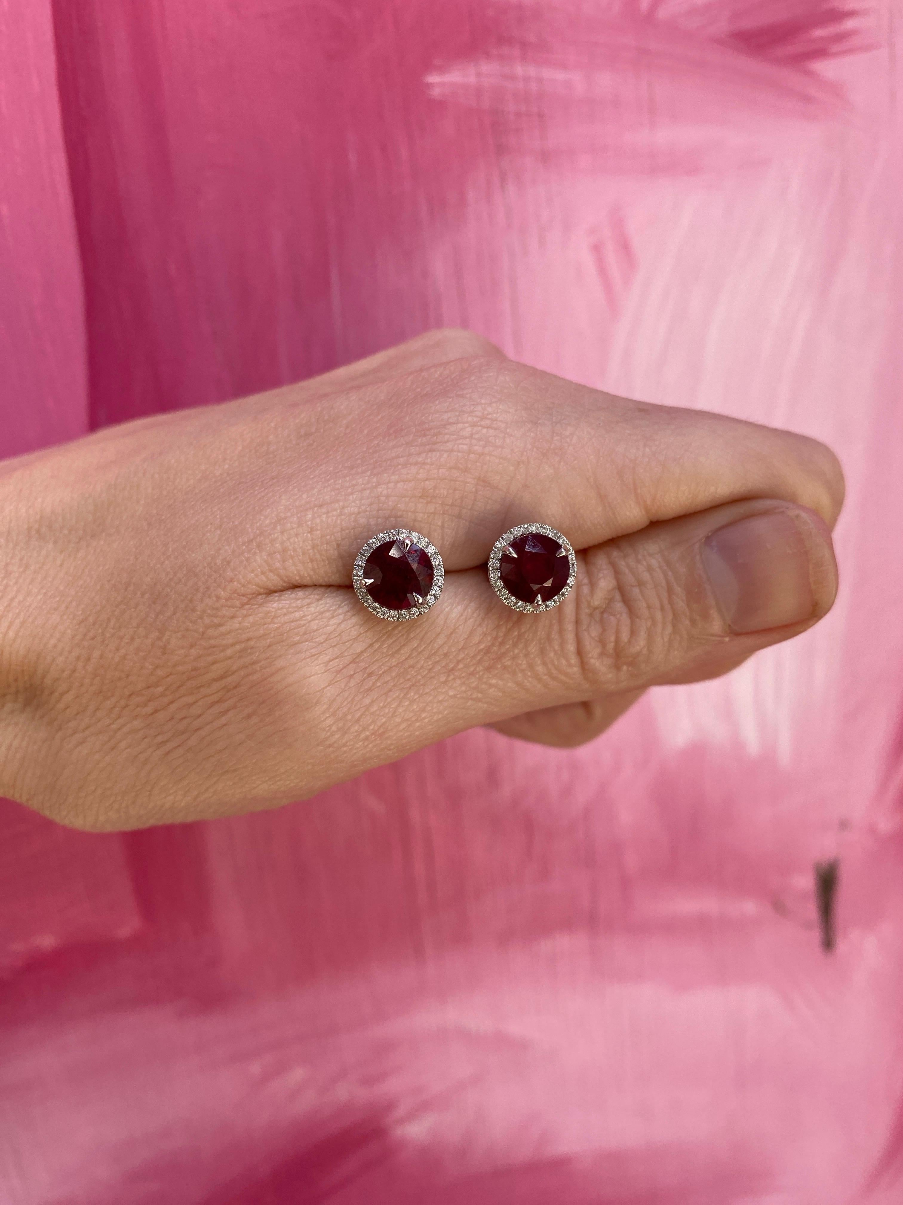 18 Karat White Gold 3.78ctw Madagascar Ruby with 0.29ctw Diamond Halo Studs For Sale 9