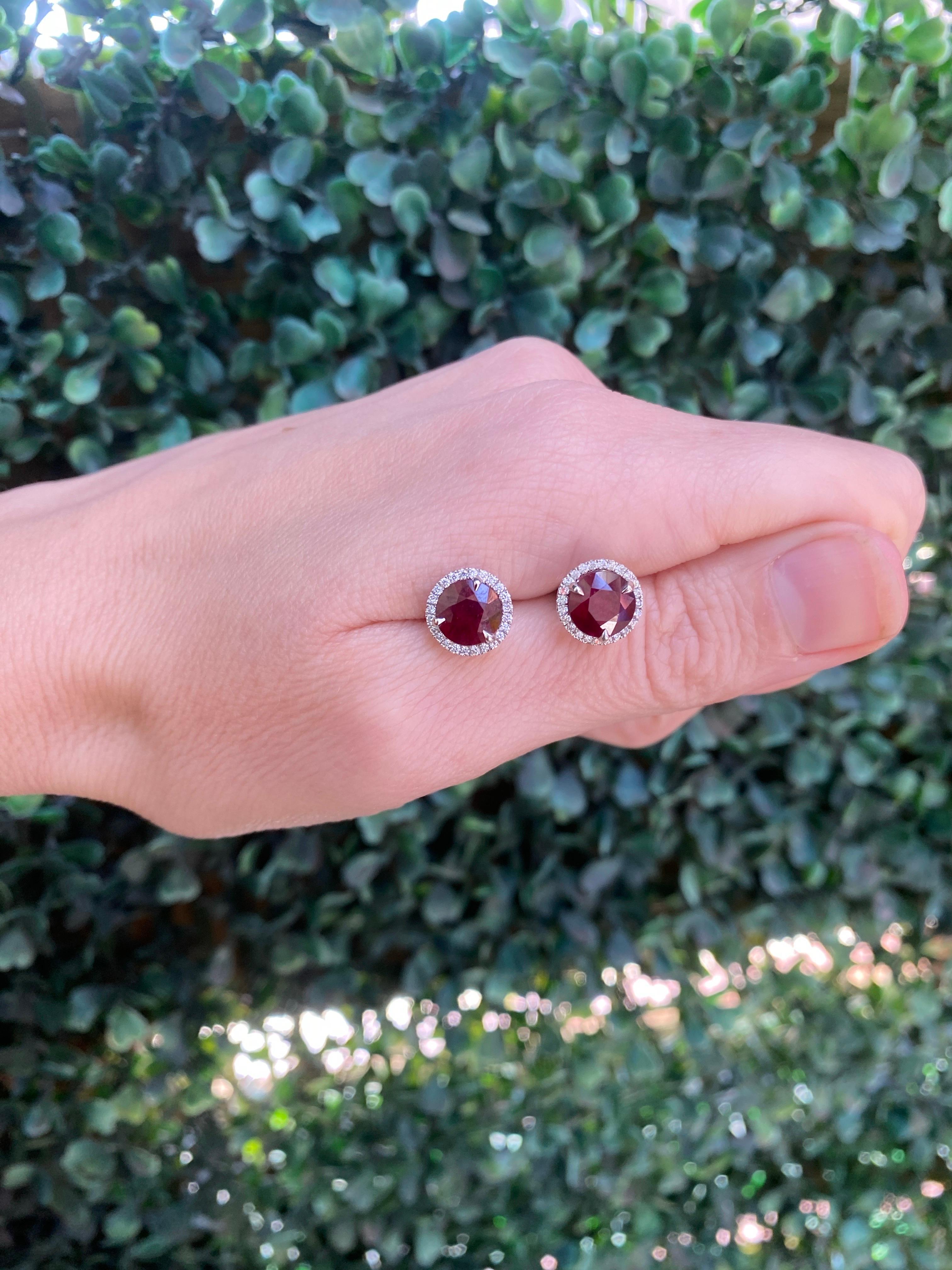 18 Karat White Gold 3.78ctw Madagascar Ruby with 0.29ctw Diamond Halo Studs For Sale 8