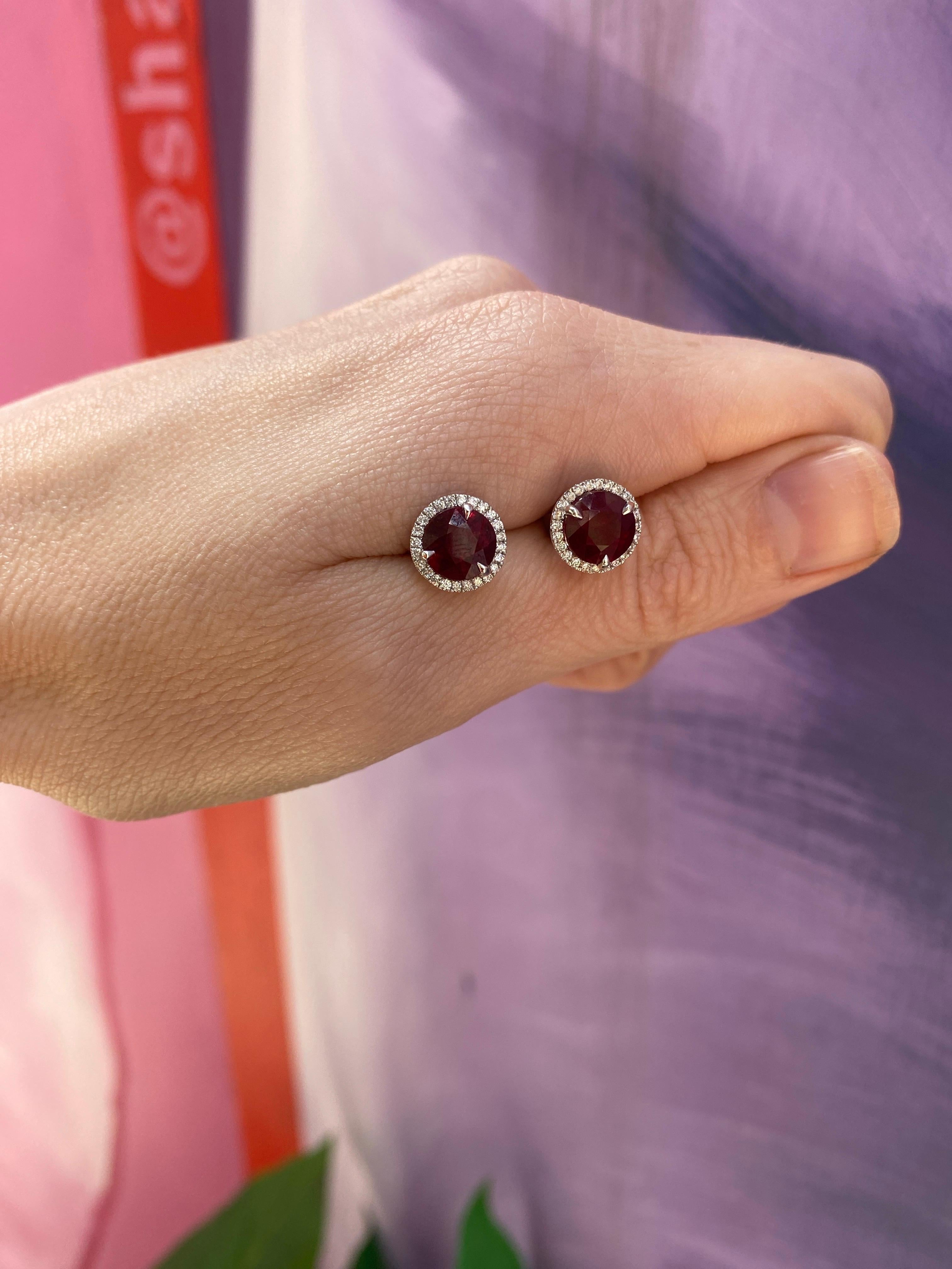 18 Karat White Gold 3.78ctw Madagascar Ruby with 0.29ctw Diamond Halo Studs For Sale 10