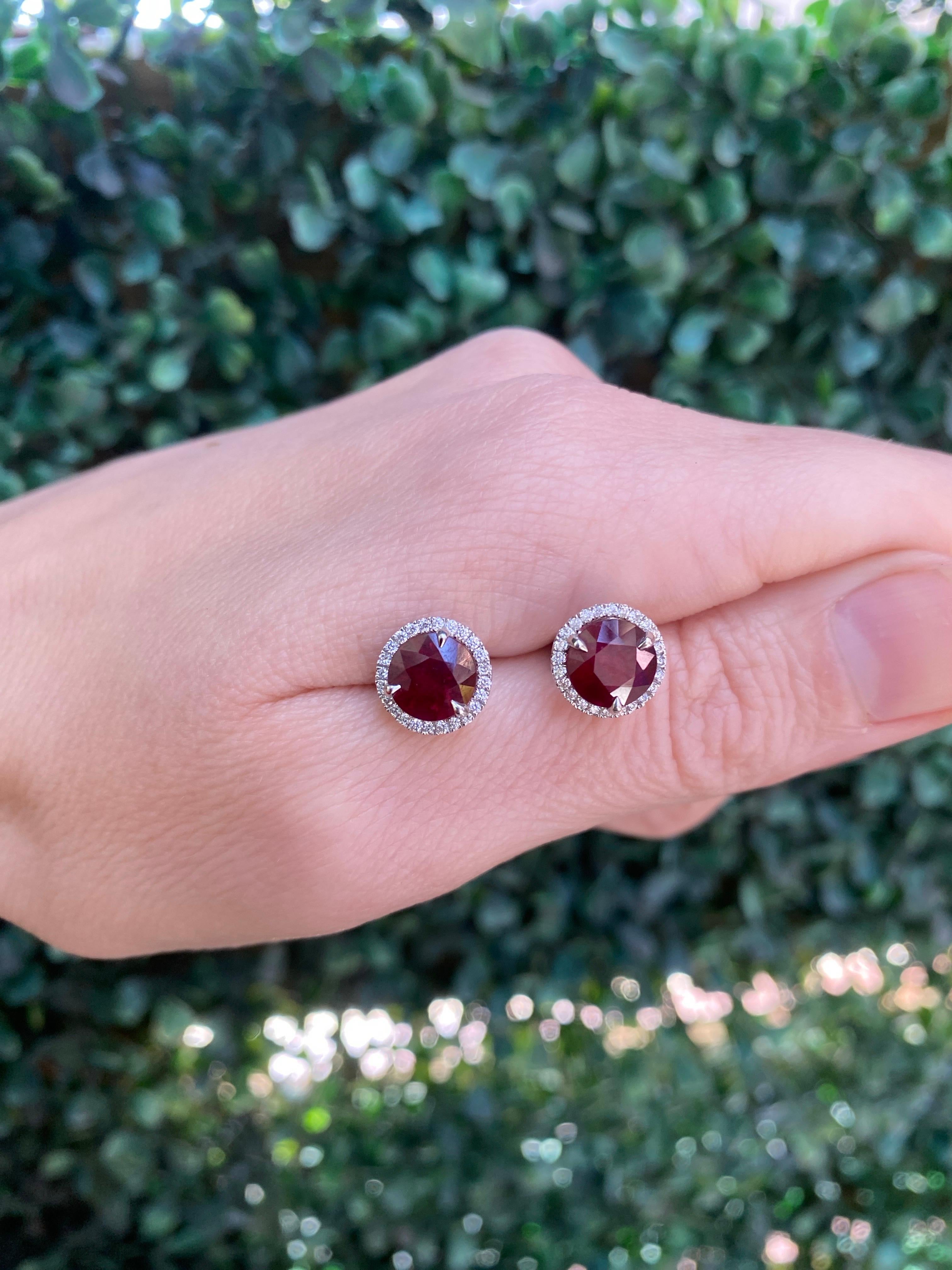 18 Karat White Gold 3.78ctw Madagascar Ruby with 0.29ctw Diamond Halo Studs For Sale 11