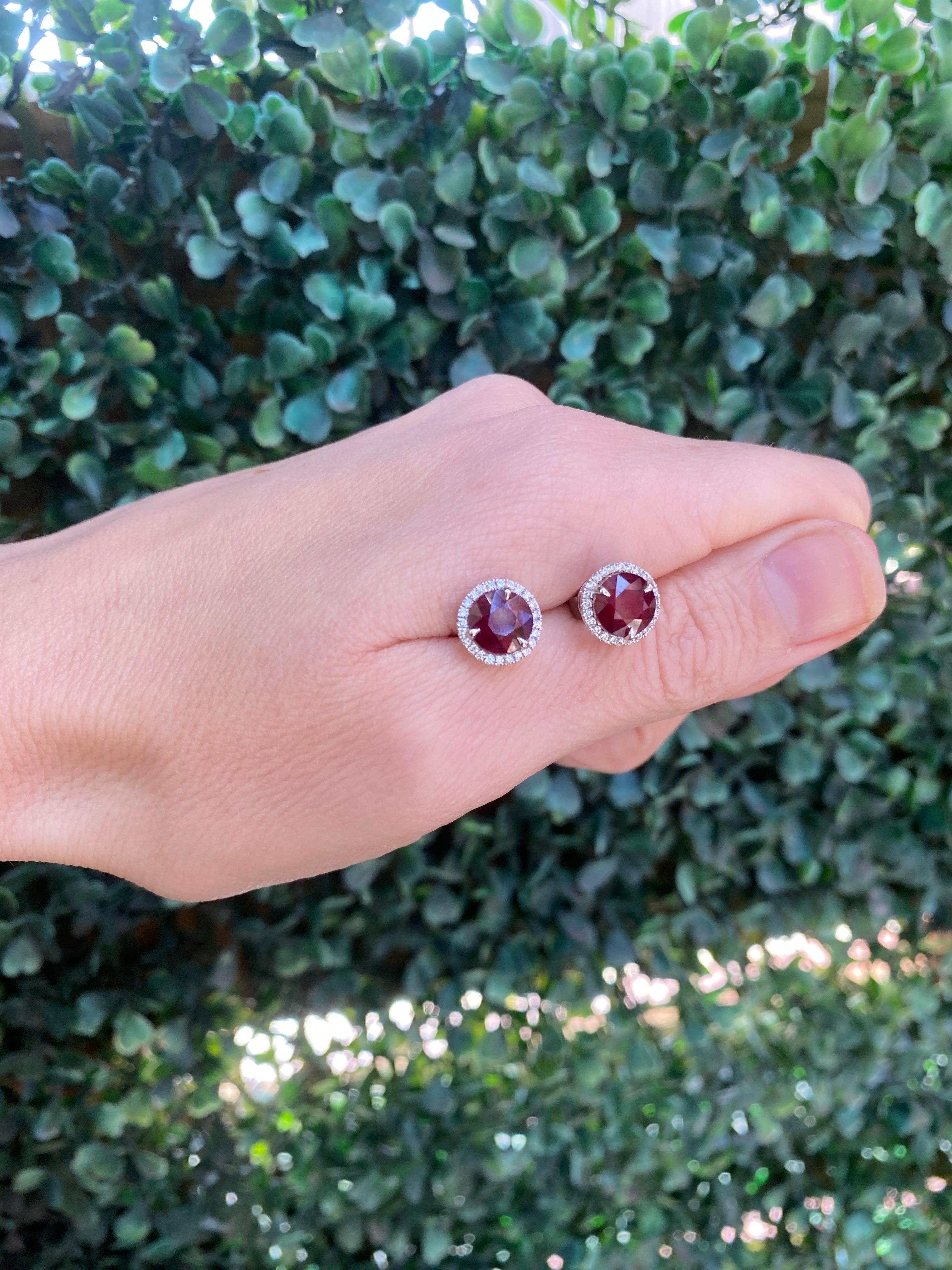 18 Karat White Gold 3.78ctw Madagascar Ruby with 0.29ctw Diamond Halo Studs For Sale 13