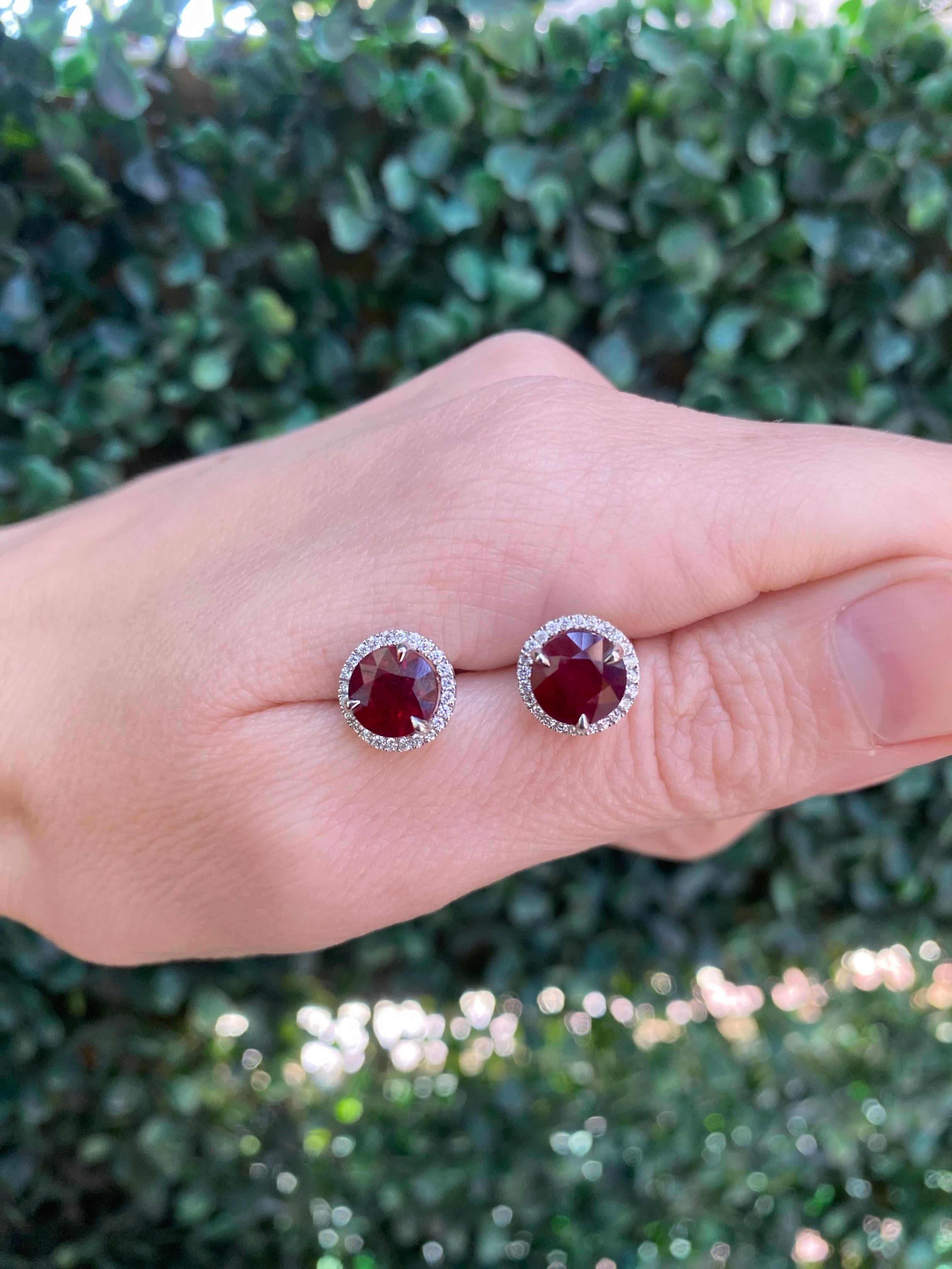 18 Karat White Gold 3.78ctw Madagascar Ruby with 0.29ctw Diamond Halo Studs For Sale 14