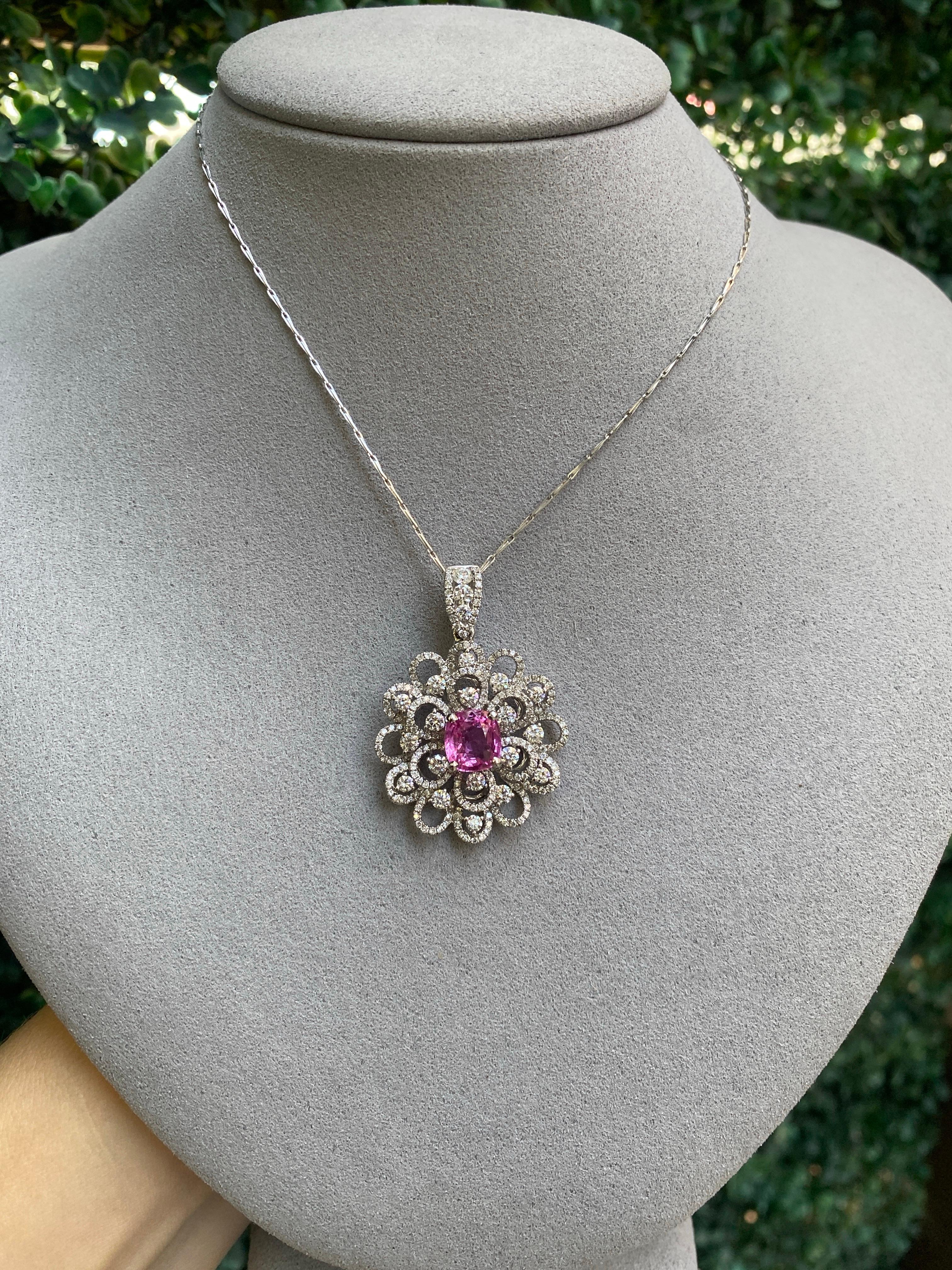 2.45 Carat GIA, Natural Pink Sapphire Set in 18k Diamond Floral Pendant Necklace For Sale 3