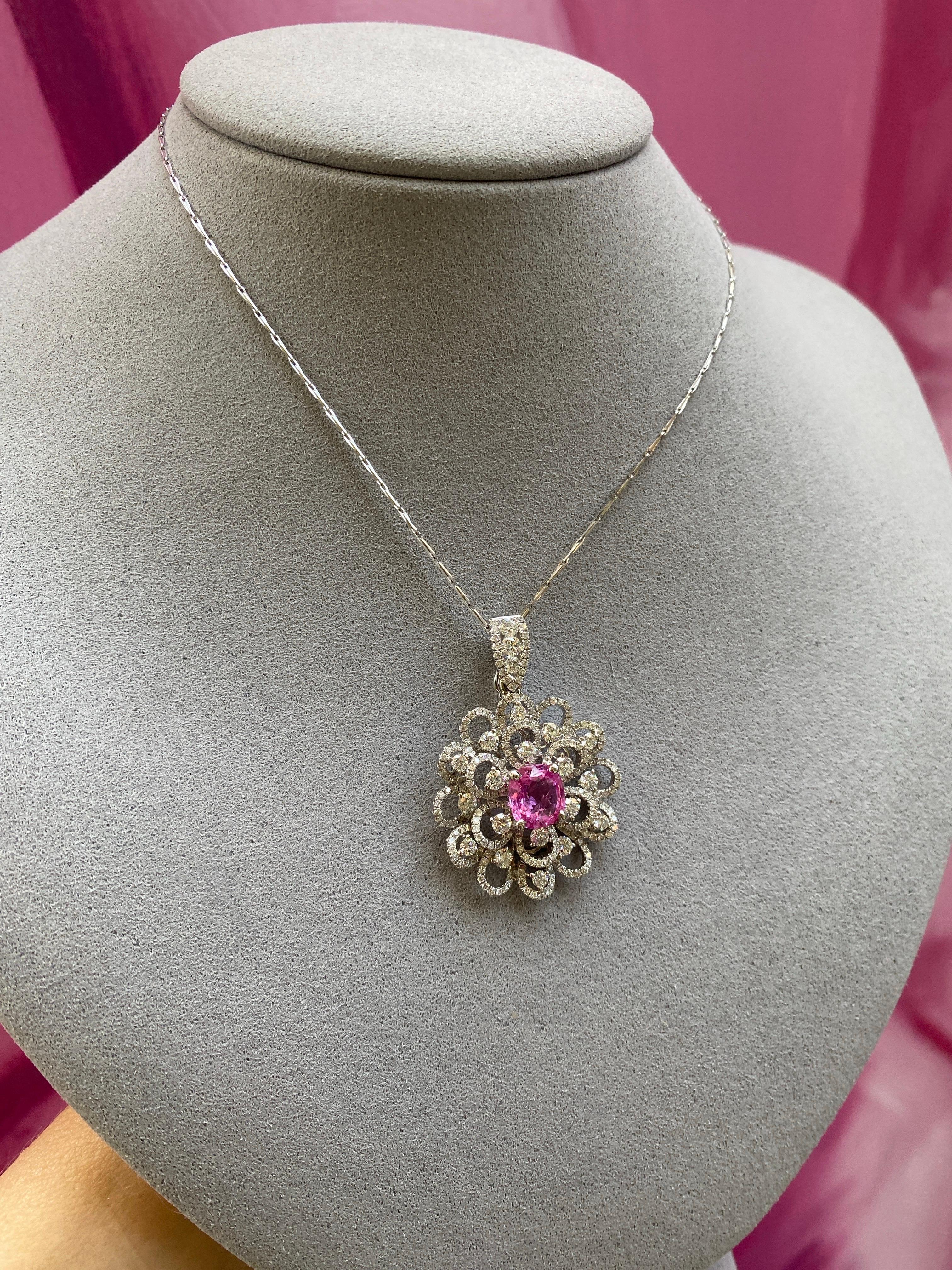 2.45 Carat GIA, Natural Pink Sapphire Set in 18k Diamond Floral Pendant Necklace For Sale 2