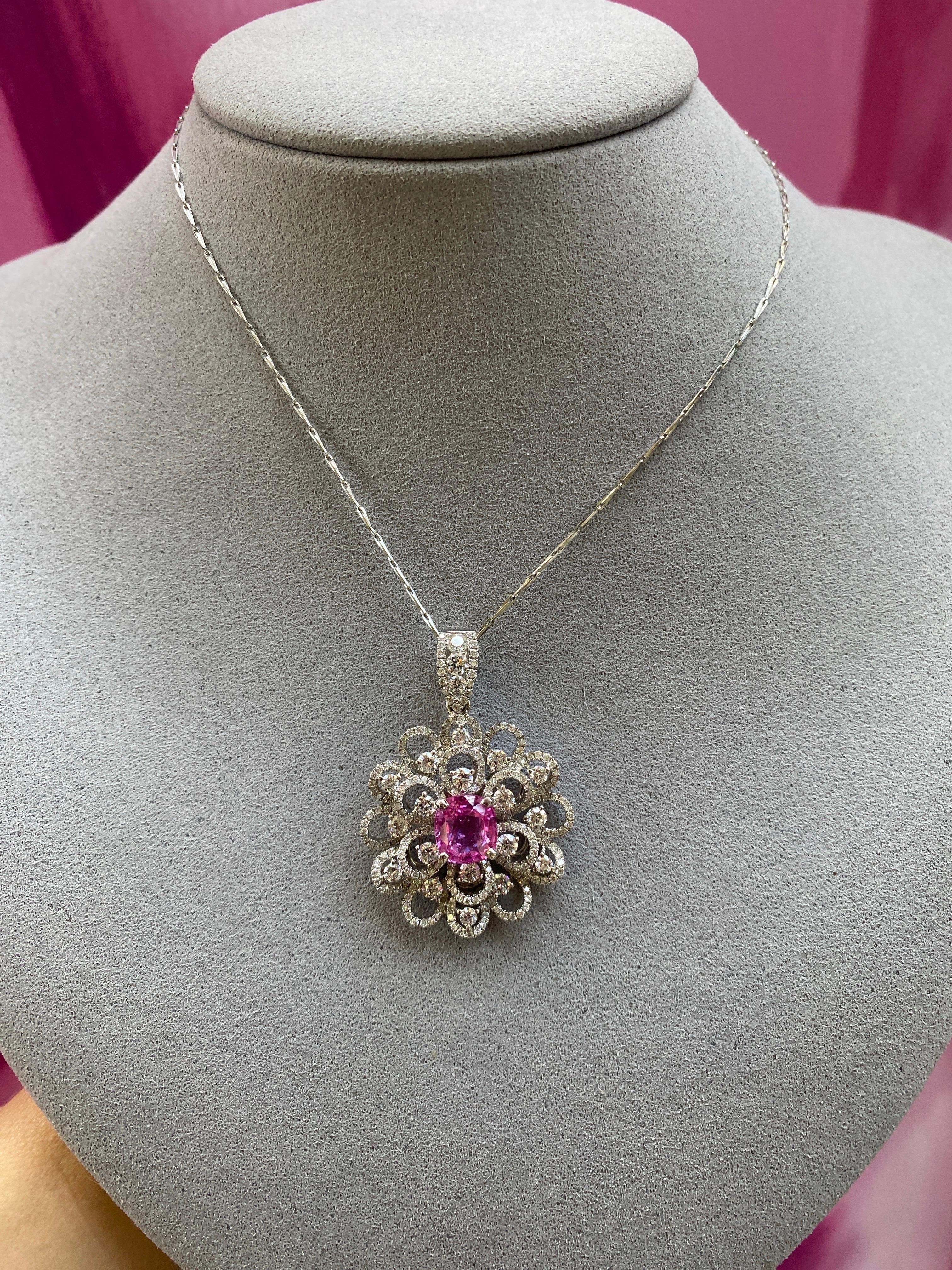 2.45 Carat GIA, Natural Pink Sapphire Set in 18k Diamond Floral Pendant Necklace For Sale 4