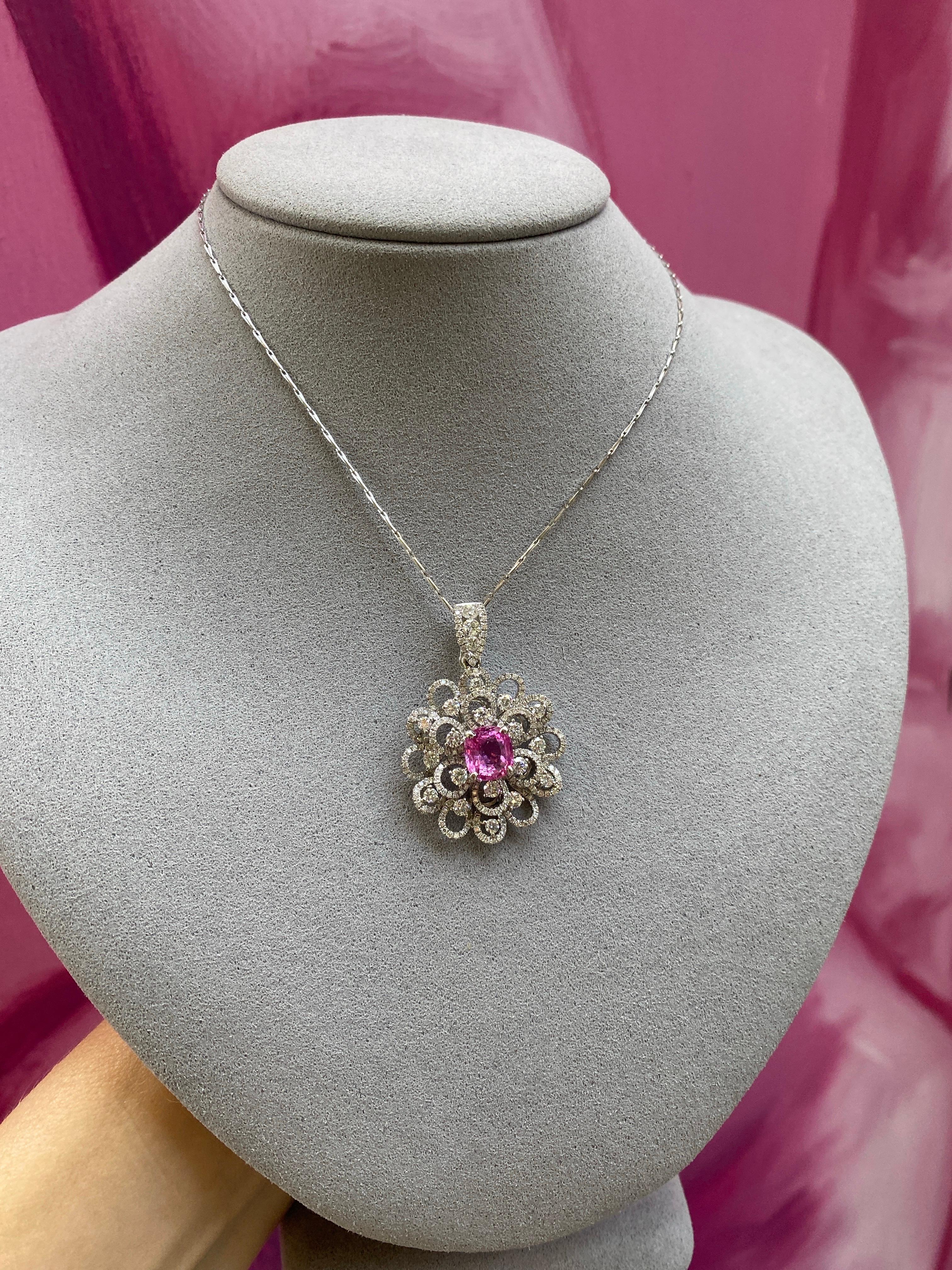 2.45 Carat GIA, Natural Pink Sapphire Set in 18k Diamond Floral Pendant Necklace For Sale 5