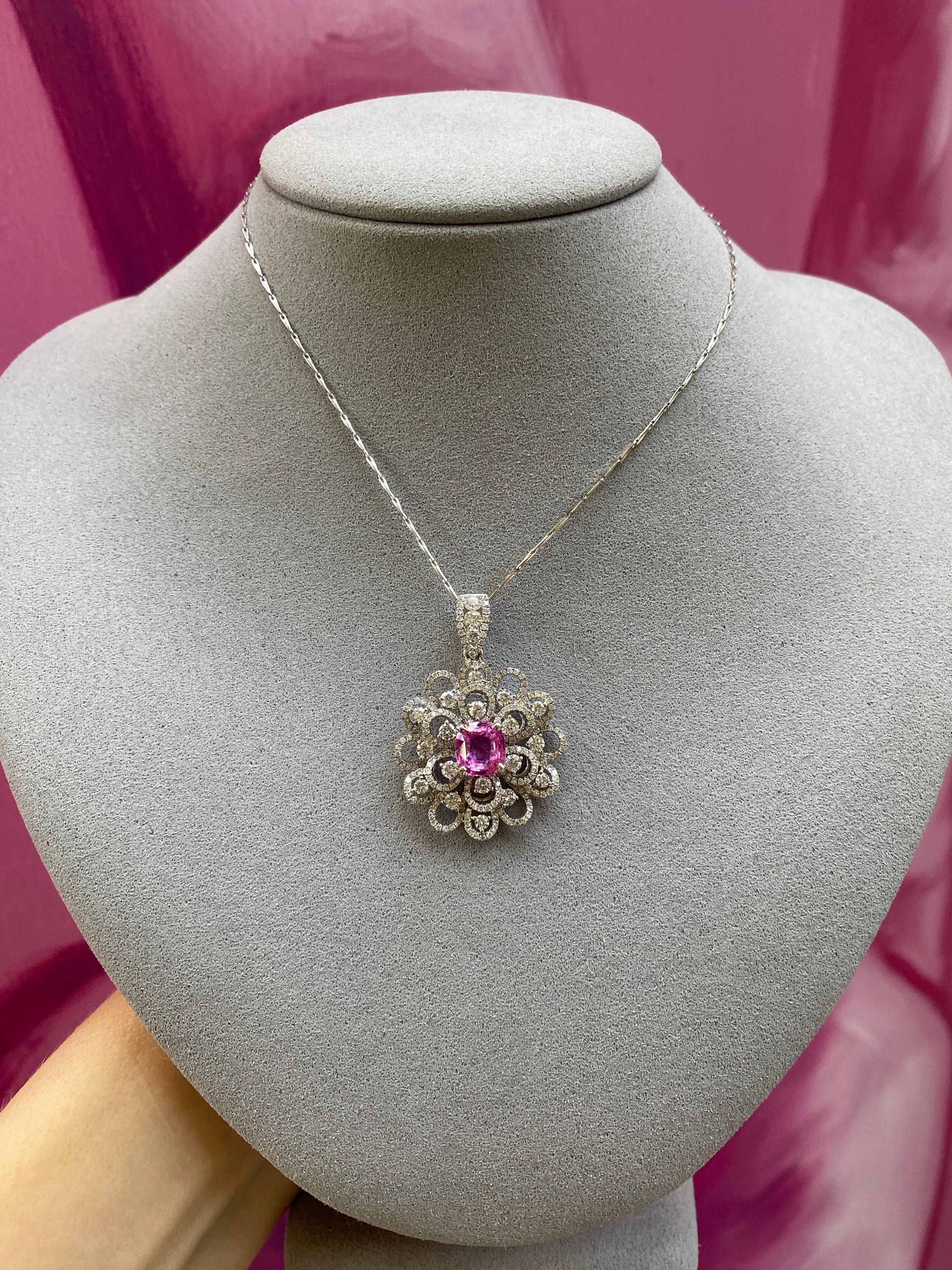 2.45 Carat GIA, Natural Pink Sapphire Set in 18k Diamond Floral Pendant Necklace For Sale 6