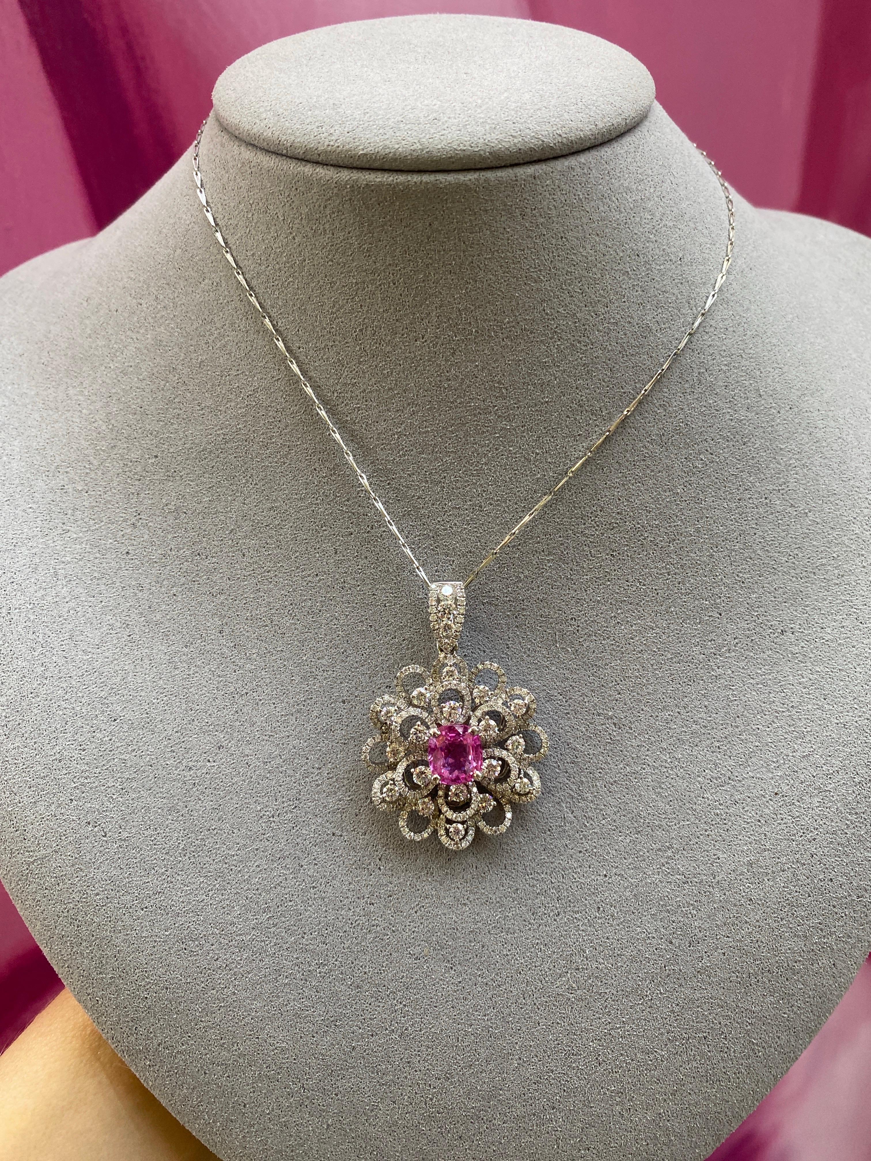 2.45 Carat GIA, Natural Pink Sapphire Set in 18k Diamond Floral Pendant Necklace For Sale 7