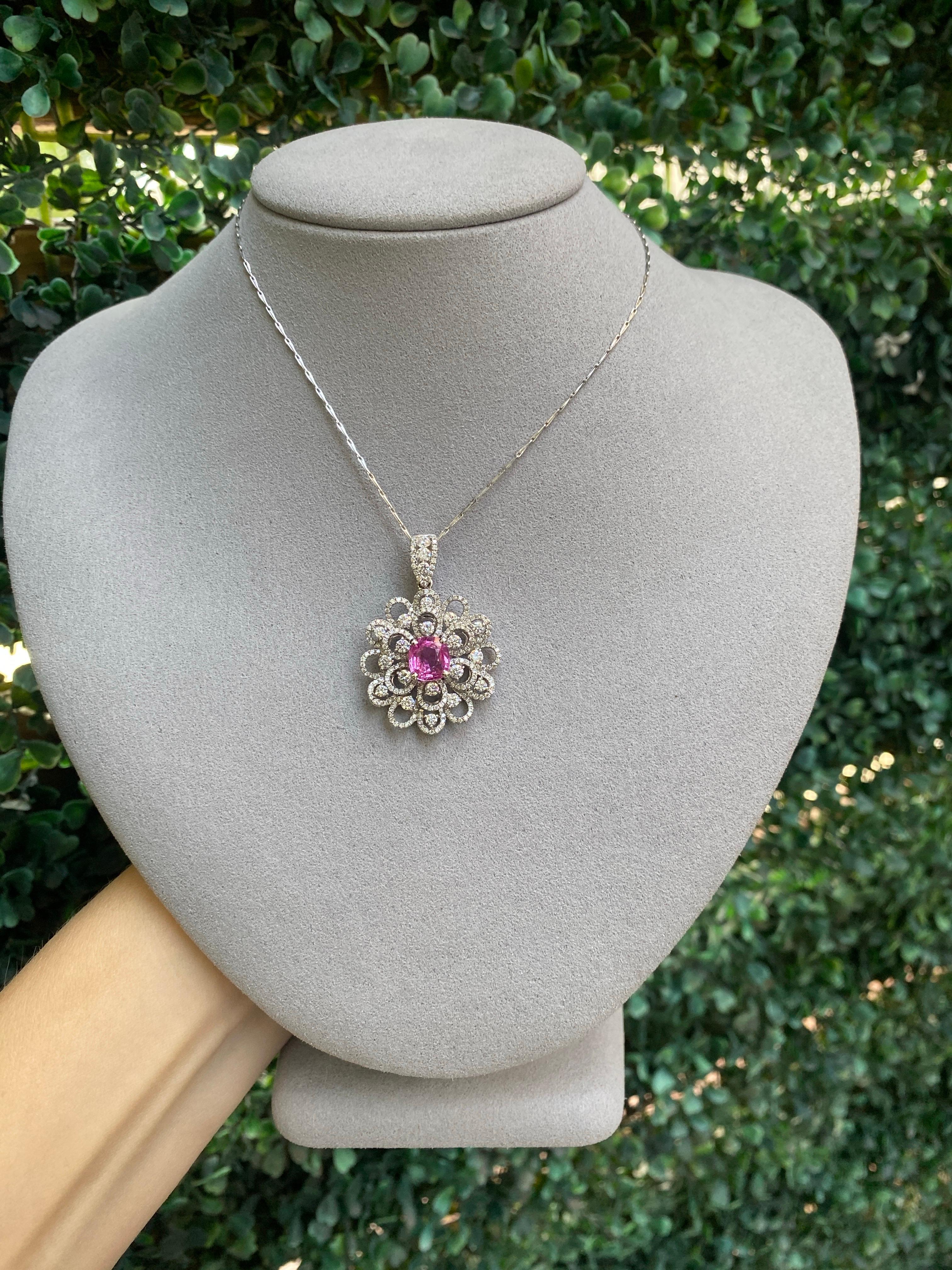2.45 Carat GIA, Natural Pink Sapphire Set in 18k Diamond Floral Pendant Necklace For Sale 8