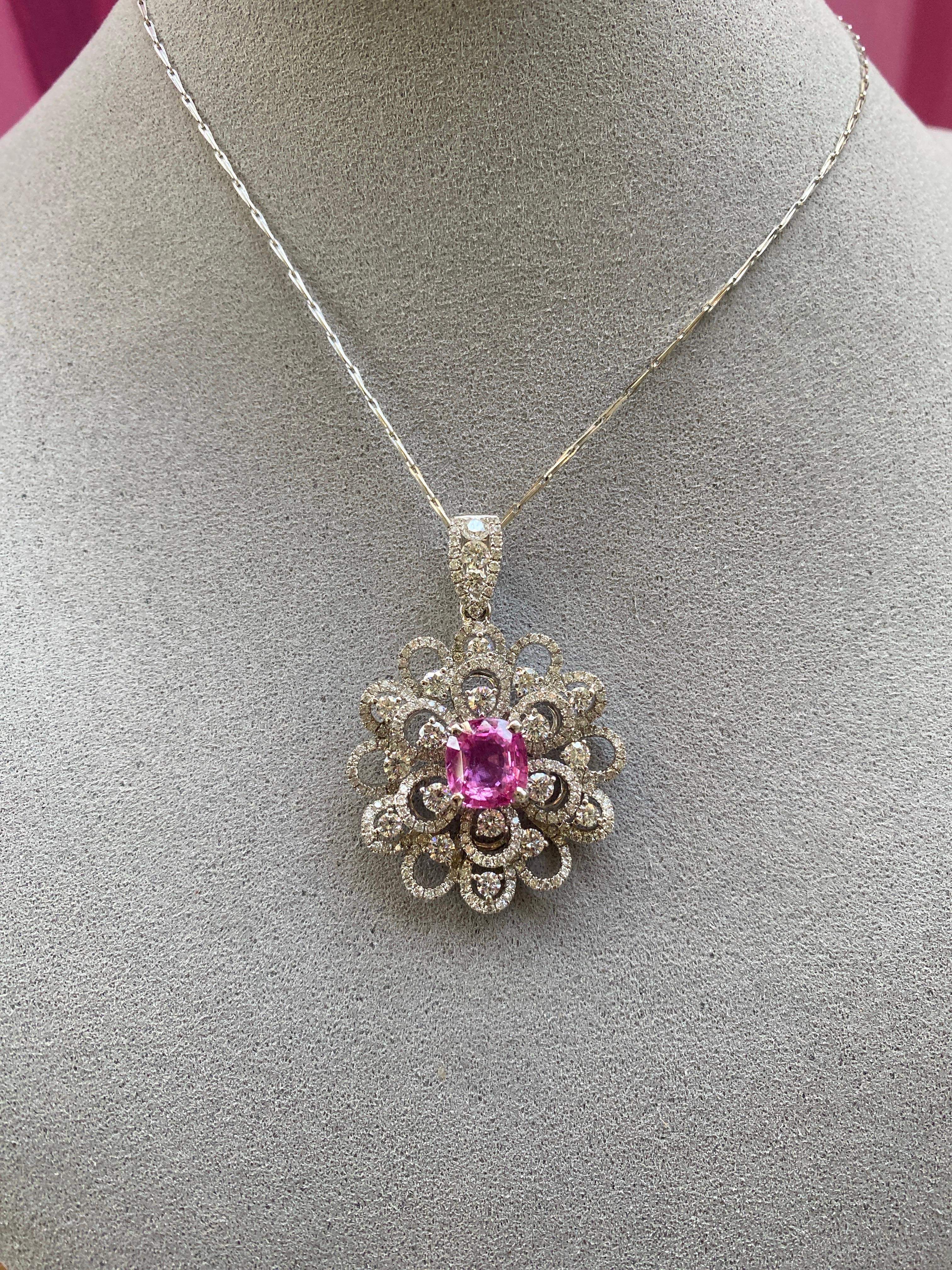 2.45 Carat GIA, Natural Pink Sapphire Set in 18k Diamond Floral Pendant Necklace For Sale 9