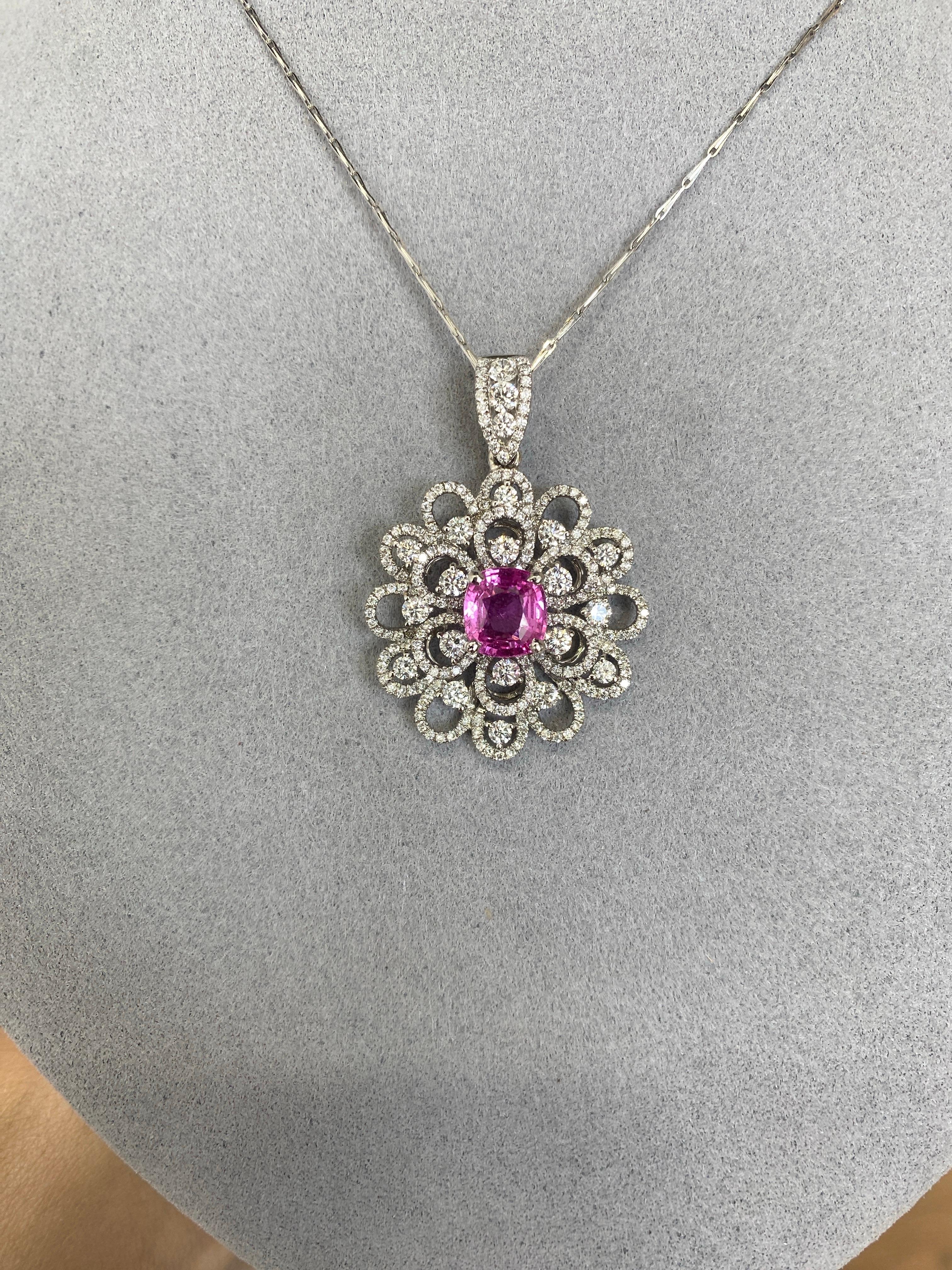 2.45 Carat GIA, Natural Pink Sapphire Set in 18k Diamond Floral Pendant Necklace For Sale 10