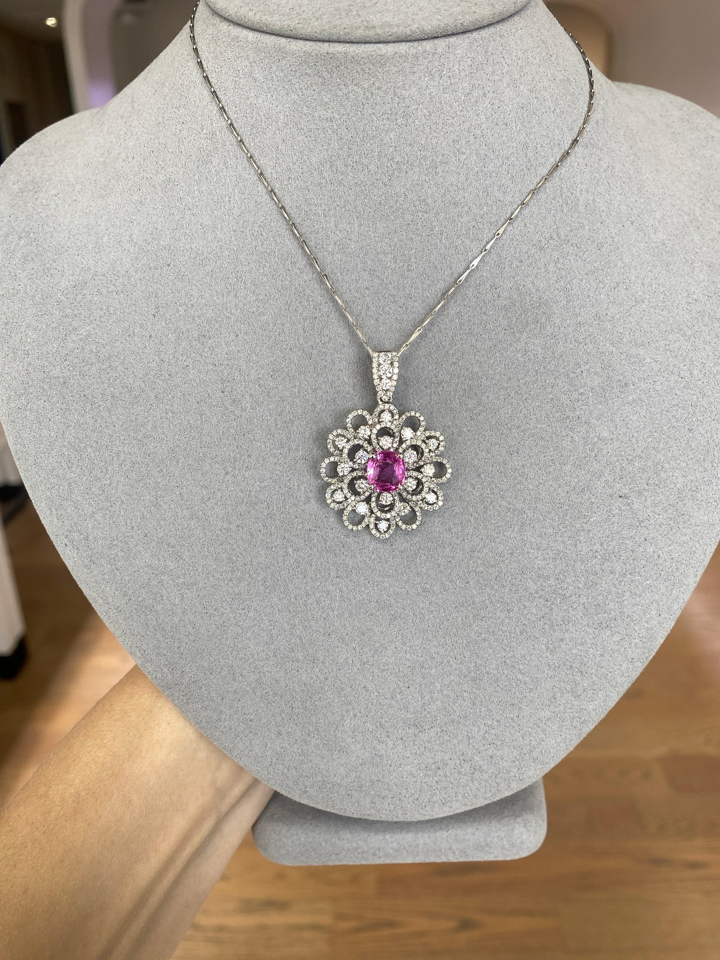 2.45 Carat GIA, Natural Pink Sapphire Set in 18k Diamond Floral Pendant Necklace For Sale 11