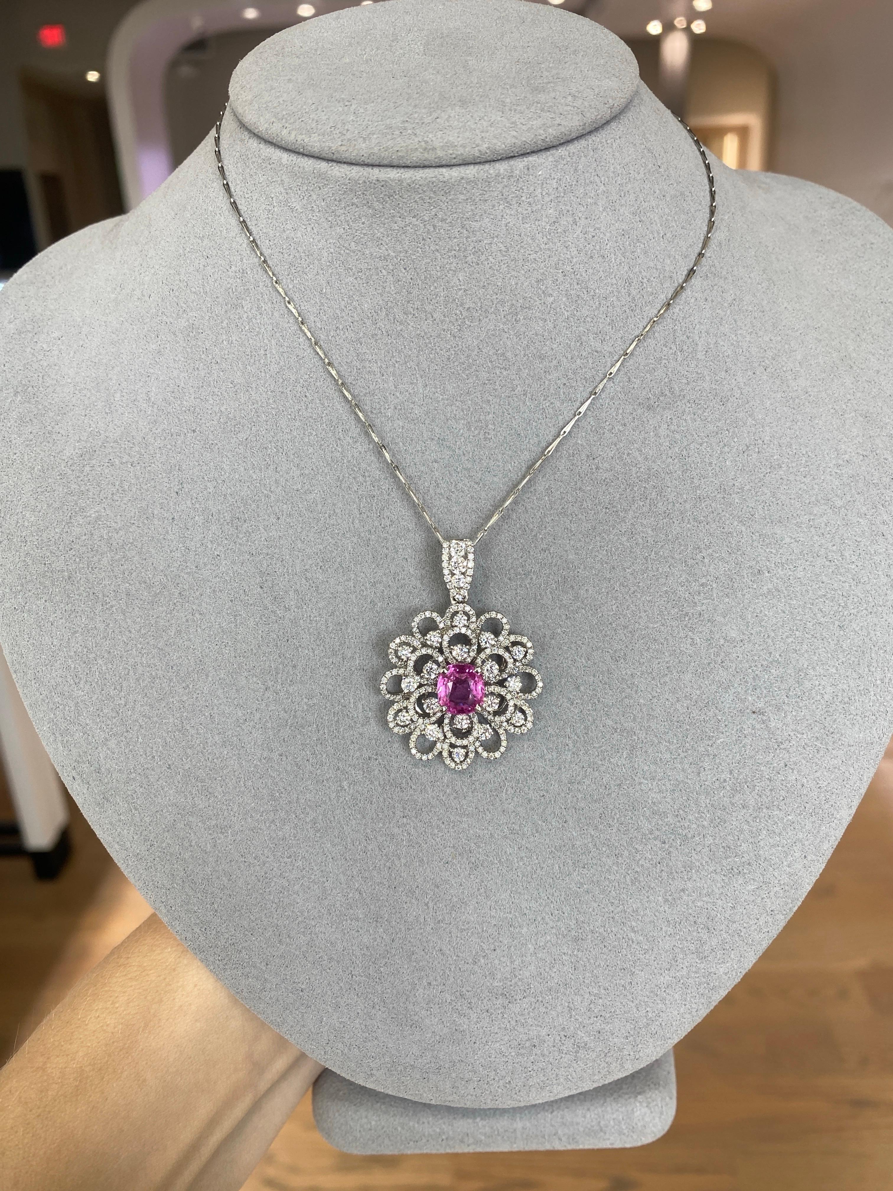 2.45 Carat GIA, Natural Pink Sapphire Set in 18k Diamond Floral Pendant Necklace For Sale 12