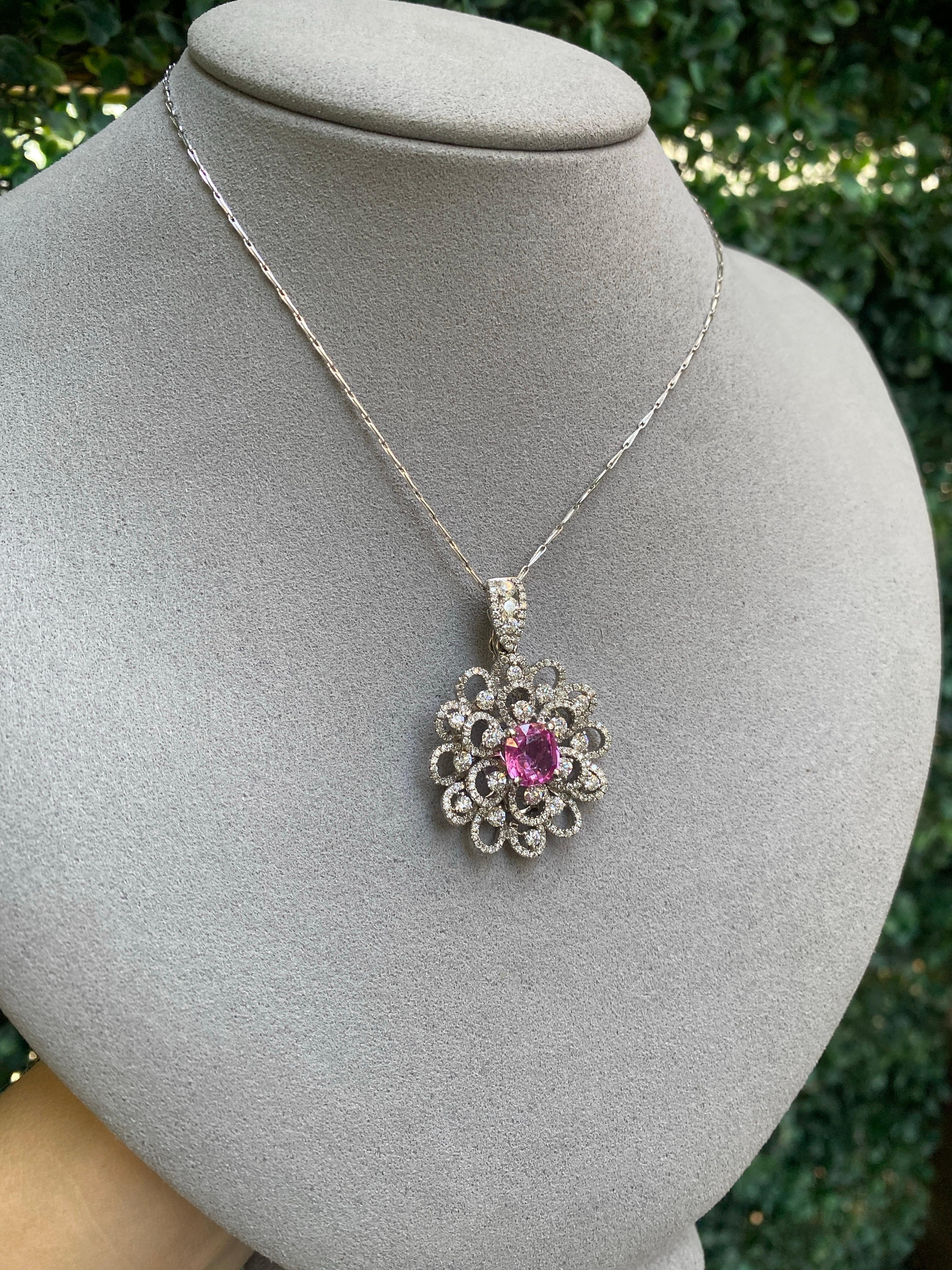2.45 Carat GIA, Natural Pink Sapphire Set in 18k Diamond Floral Pendant Necklace For Sale 13
