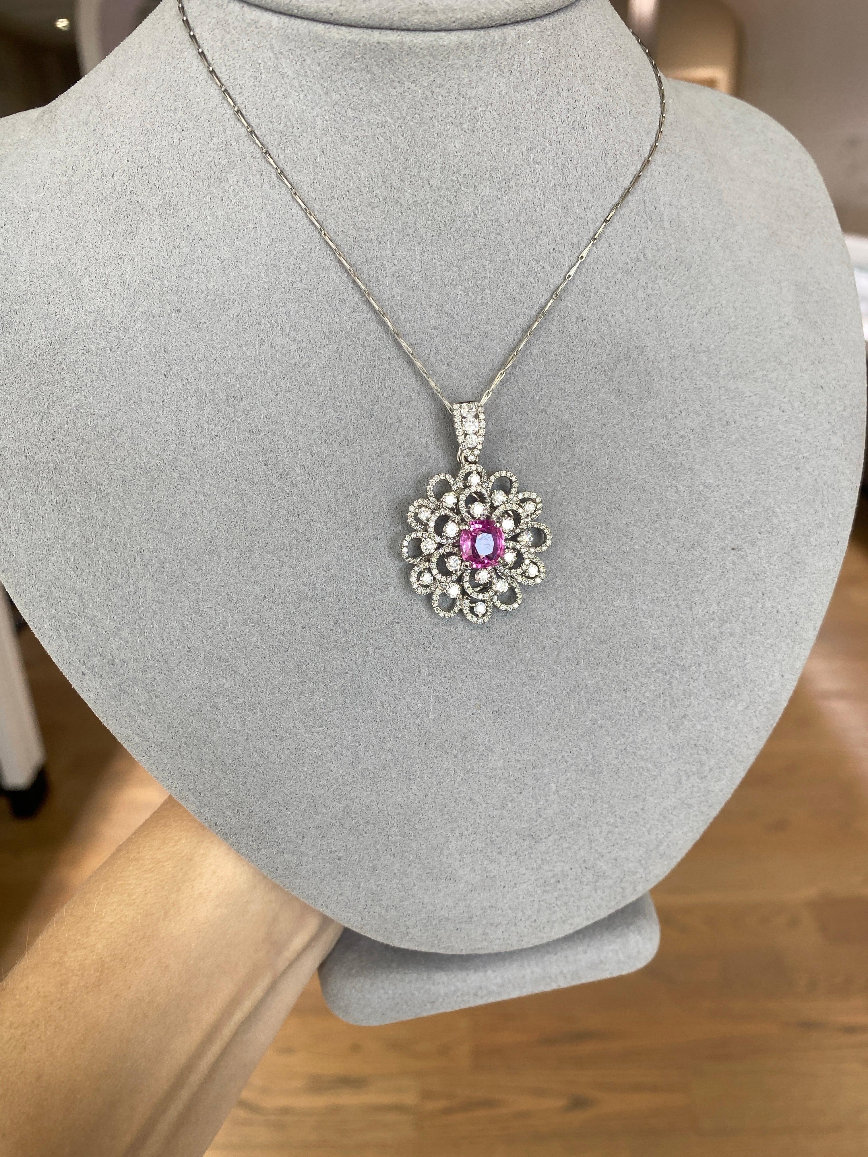 2.45 Carat GIA, Natural Pink Sapphire Set in 18k Diamond Floral Pendant Necklace For Sale 14