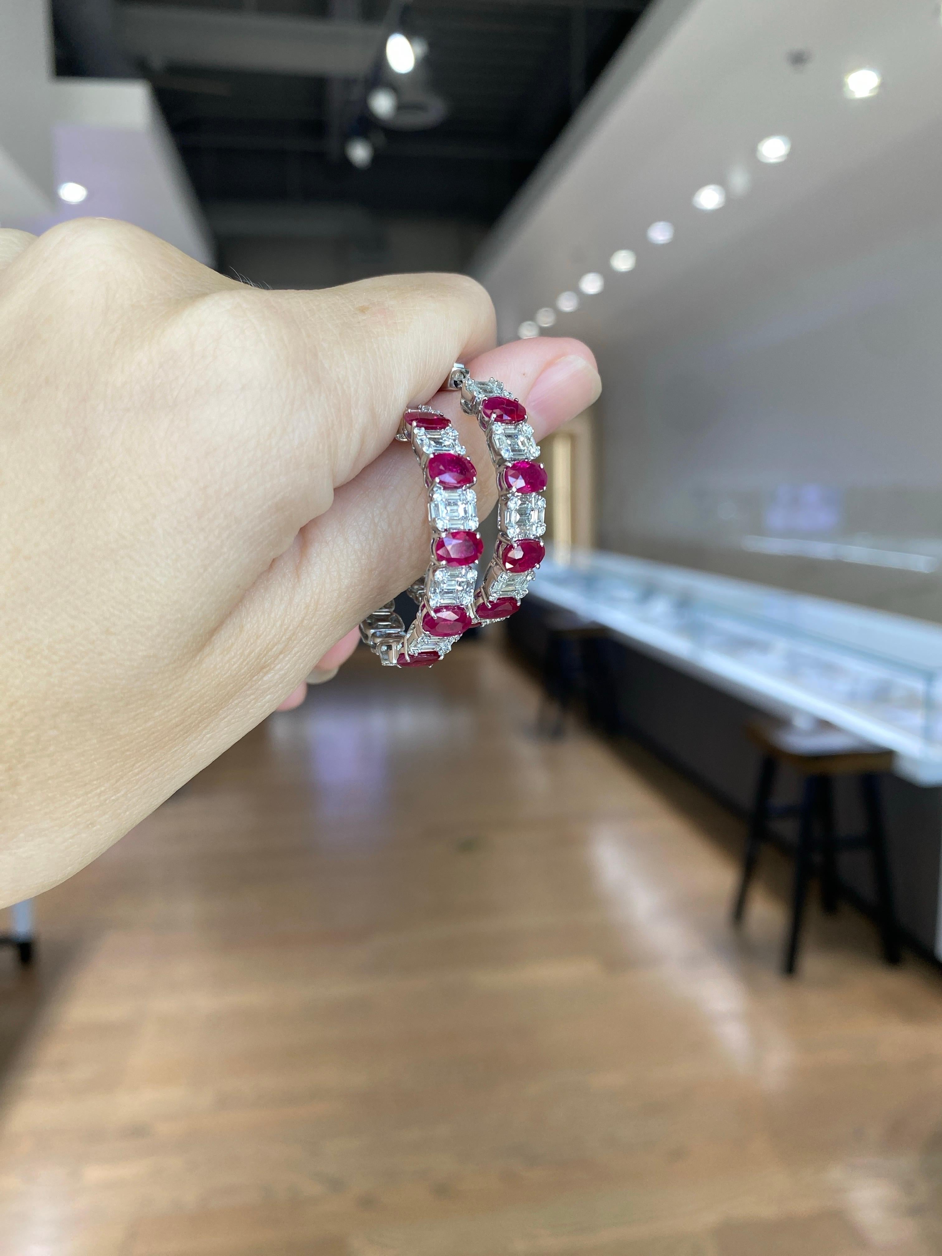Créoles en rubis taille ovale de 4,53 carats et diamants ronds et baguettes de 2,71 carats en vente 5