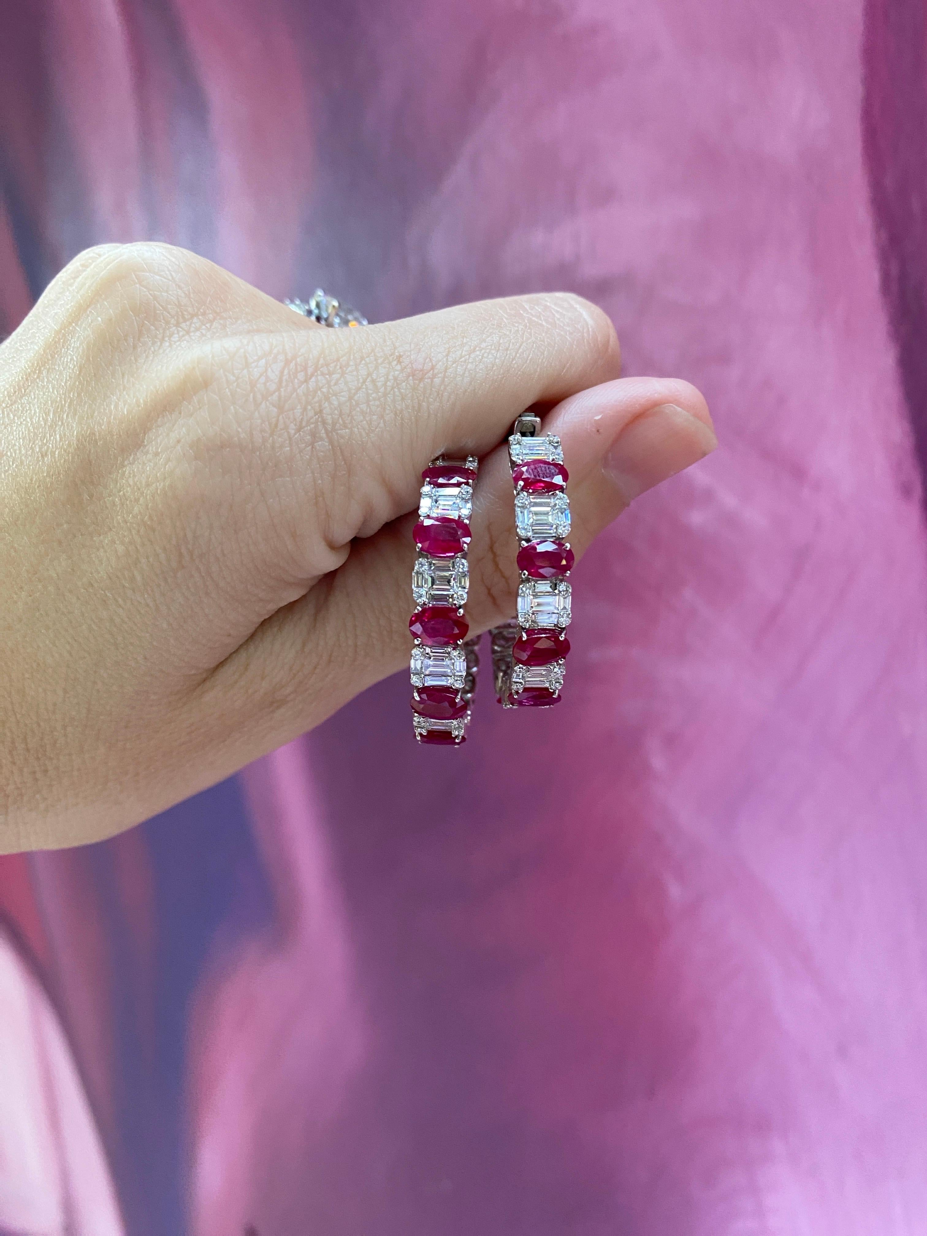 Créoles en rubis taille ovale de 4,53 carats et diamants ronds et baguettes de 2,71 carats en vente 10